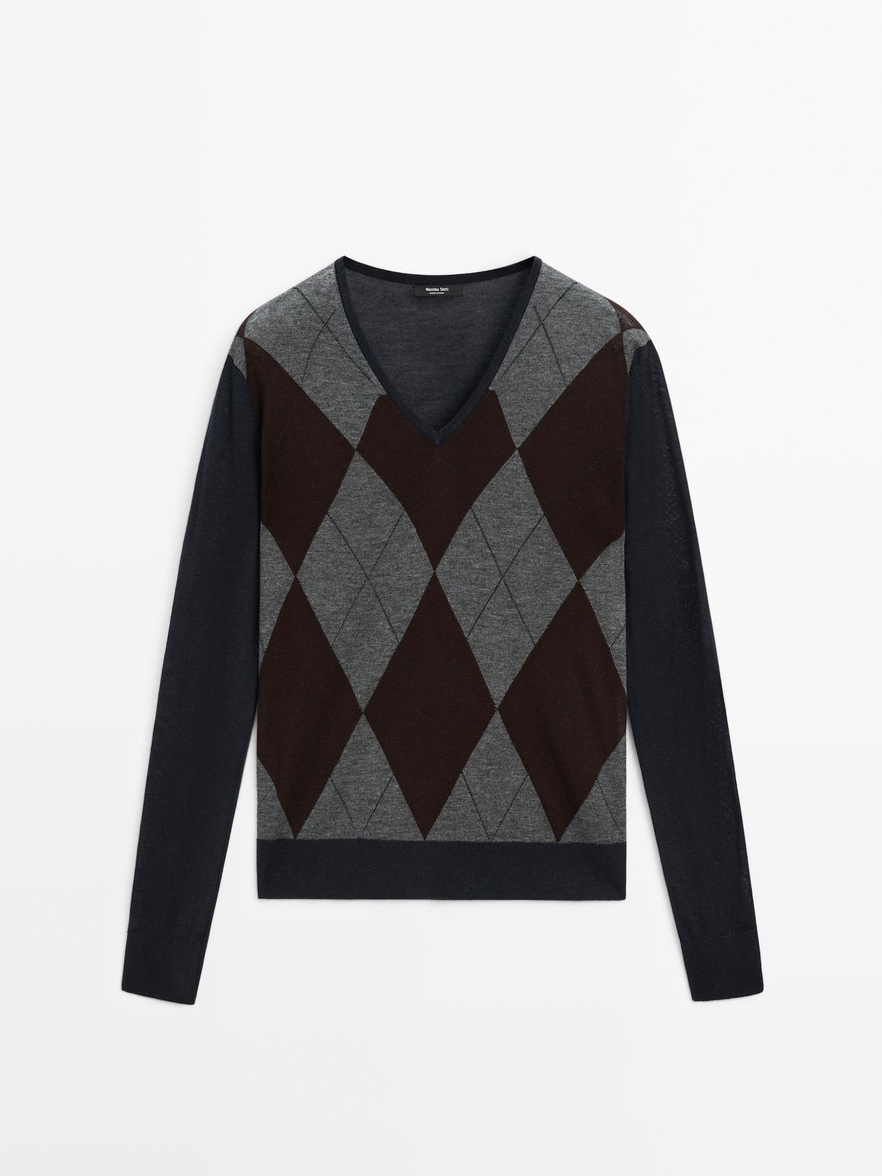 Massimo Dutti - Dame - Striktrøje Med Romber I Uld- Og Silkeblanding - Marineblå - M