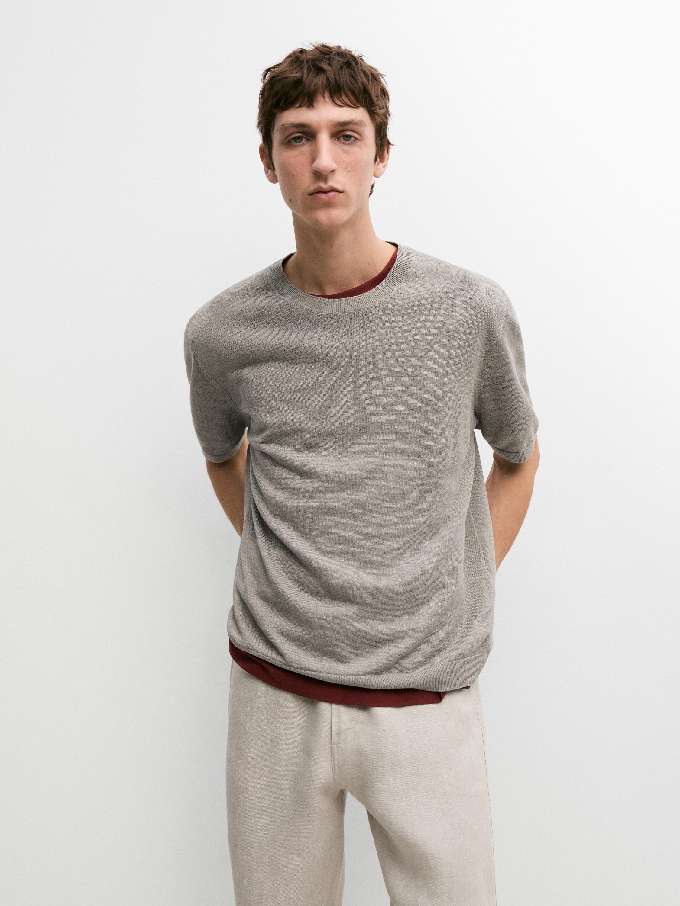 Lightweight 100% linen knit T-shirt — NATURAL GREY