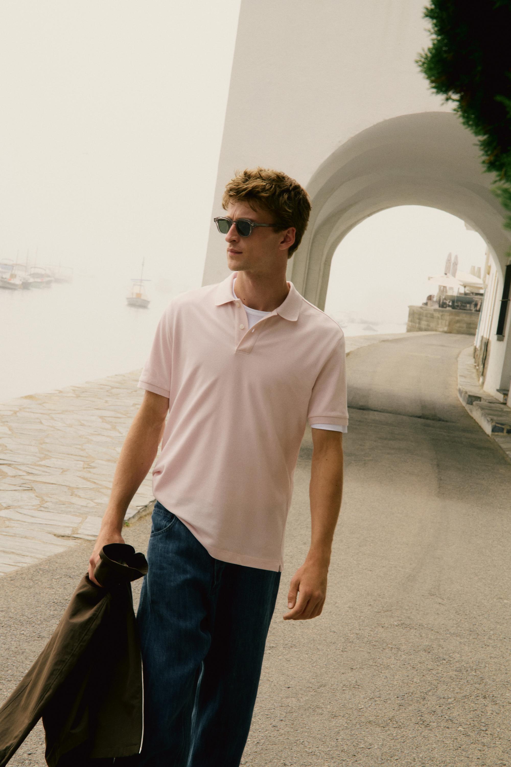 Micro-textured cotton piqué polo shirt — ROSE PINK