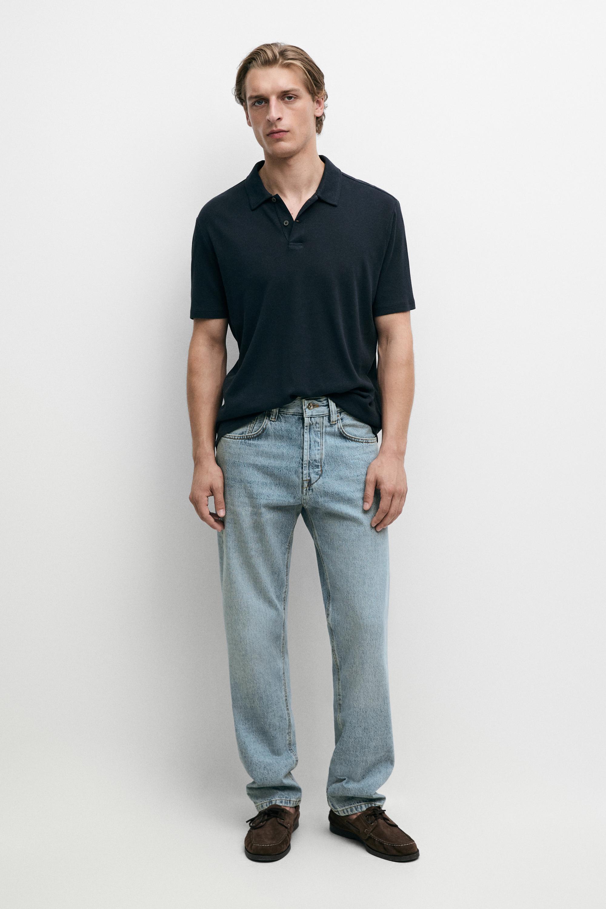 Linen and cotton short sleeve polo shirt — NAVY BLUE
