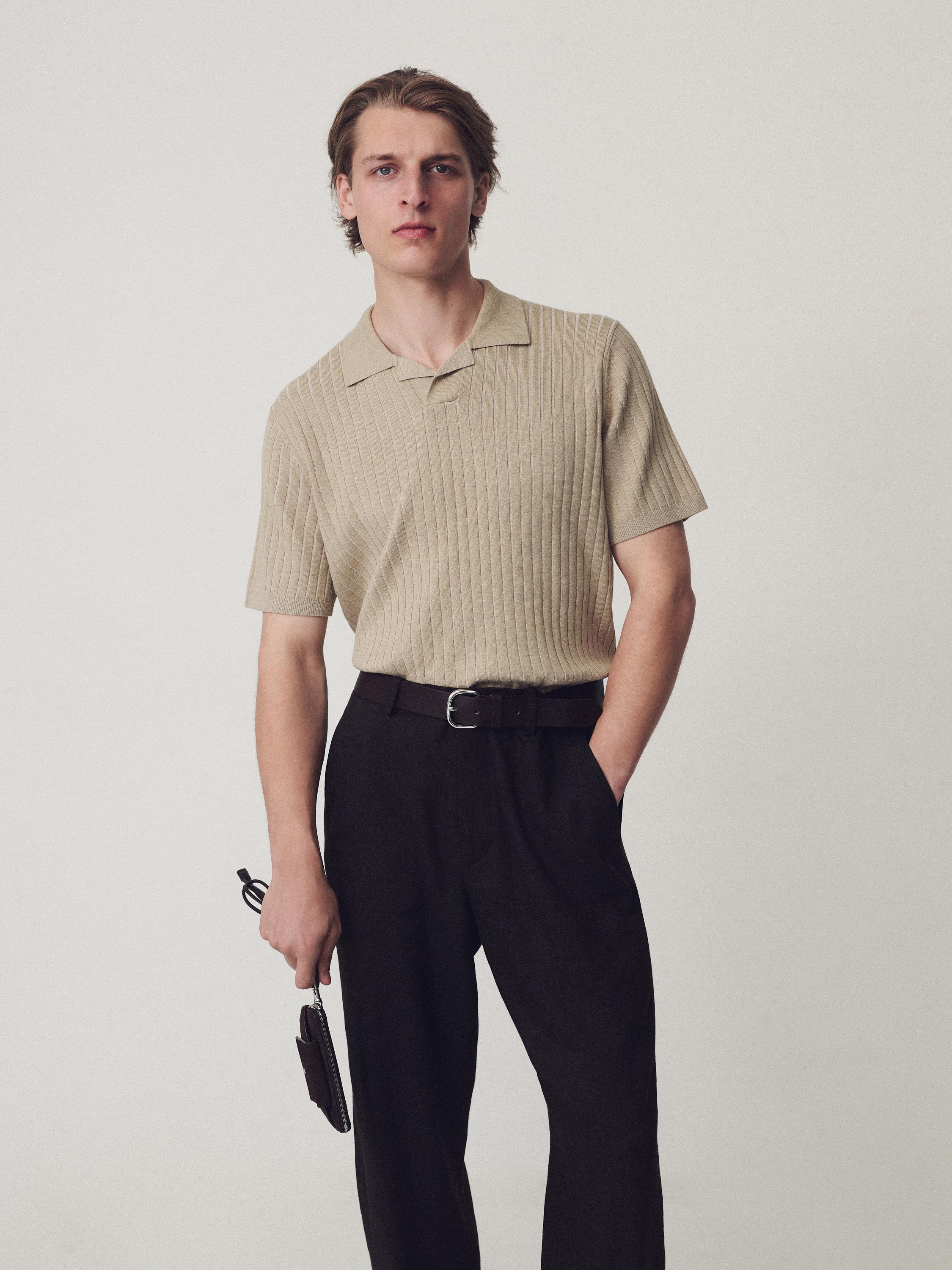 Ribbed knit short sleeve polo shirt