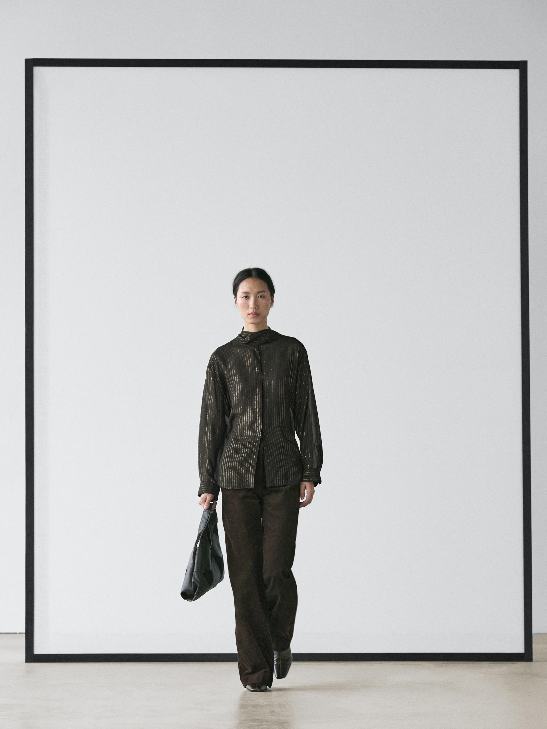 Massimo Dutti Flowing Shirt With Scarf Collar In Black