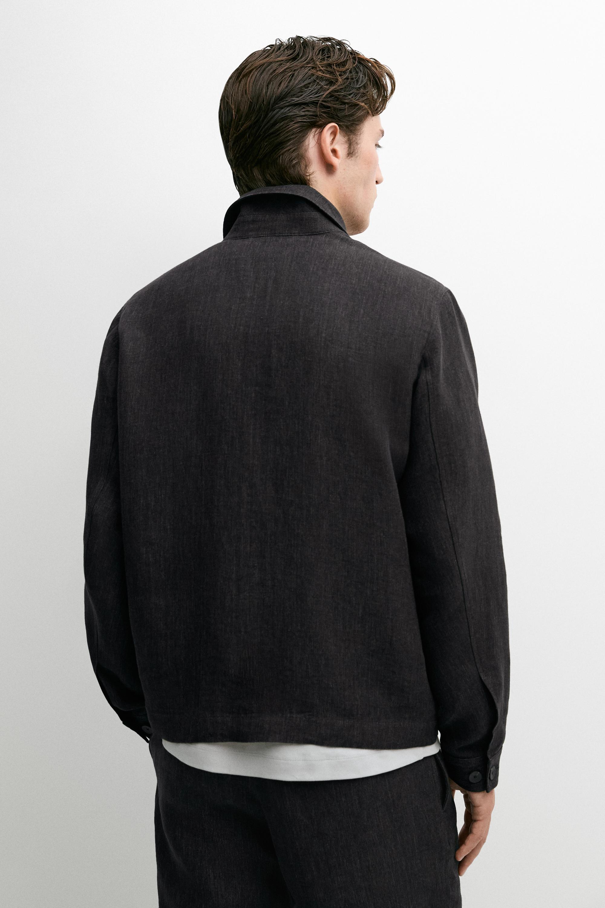 Linen total look zip-up jacket — GREY BLUE