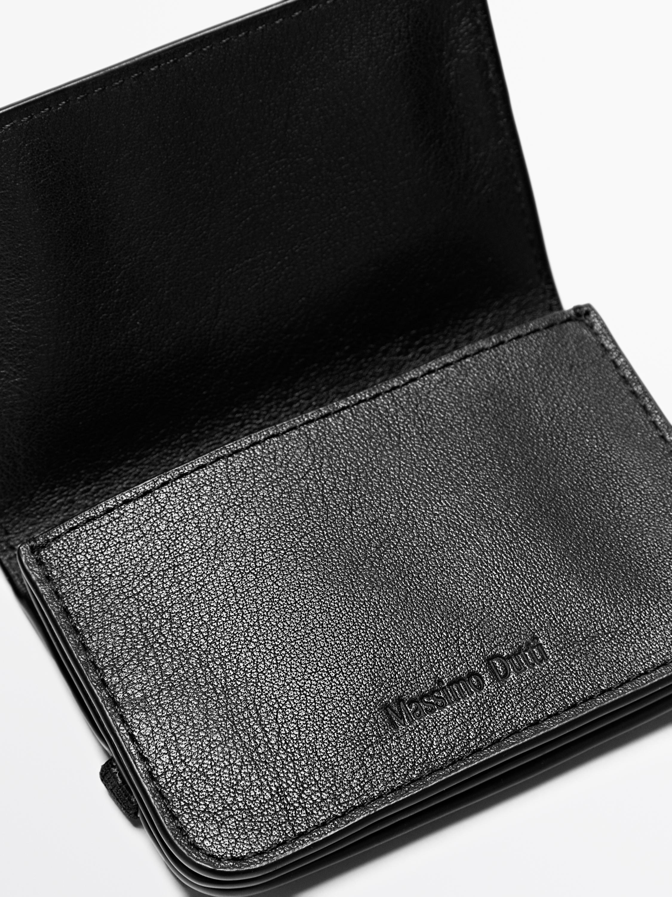 Nappa leather card holder with flap — BLACK