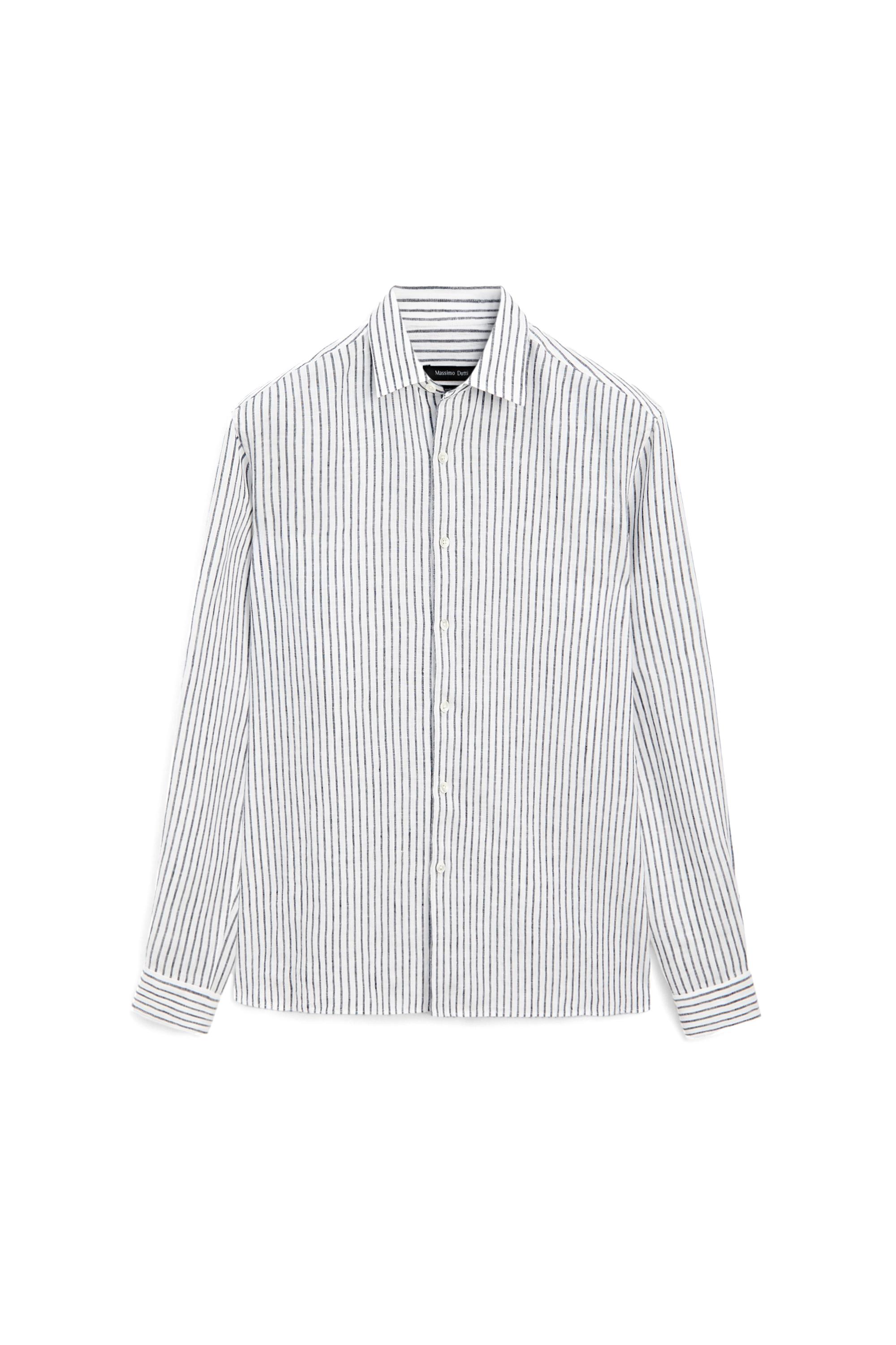 Regular fit 100% linen striped shirt — NAVY BLUE