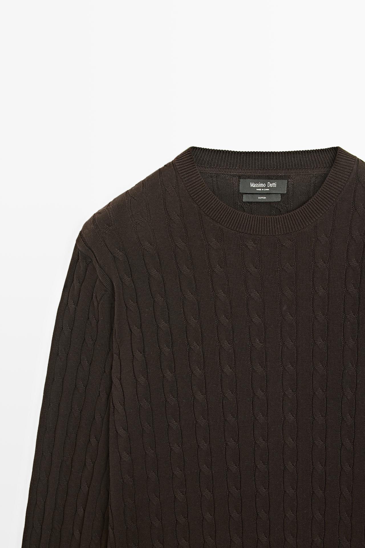 Cable-knit round neck sweater — BROWN MARL