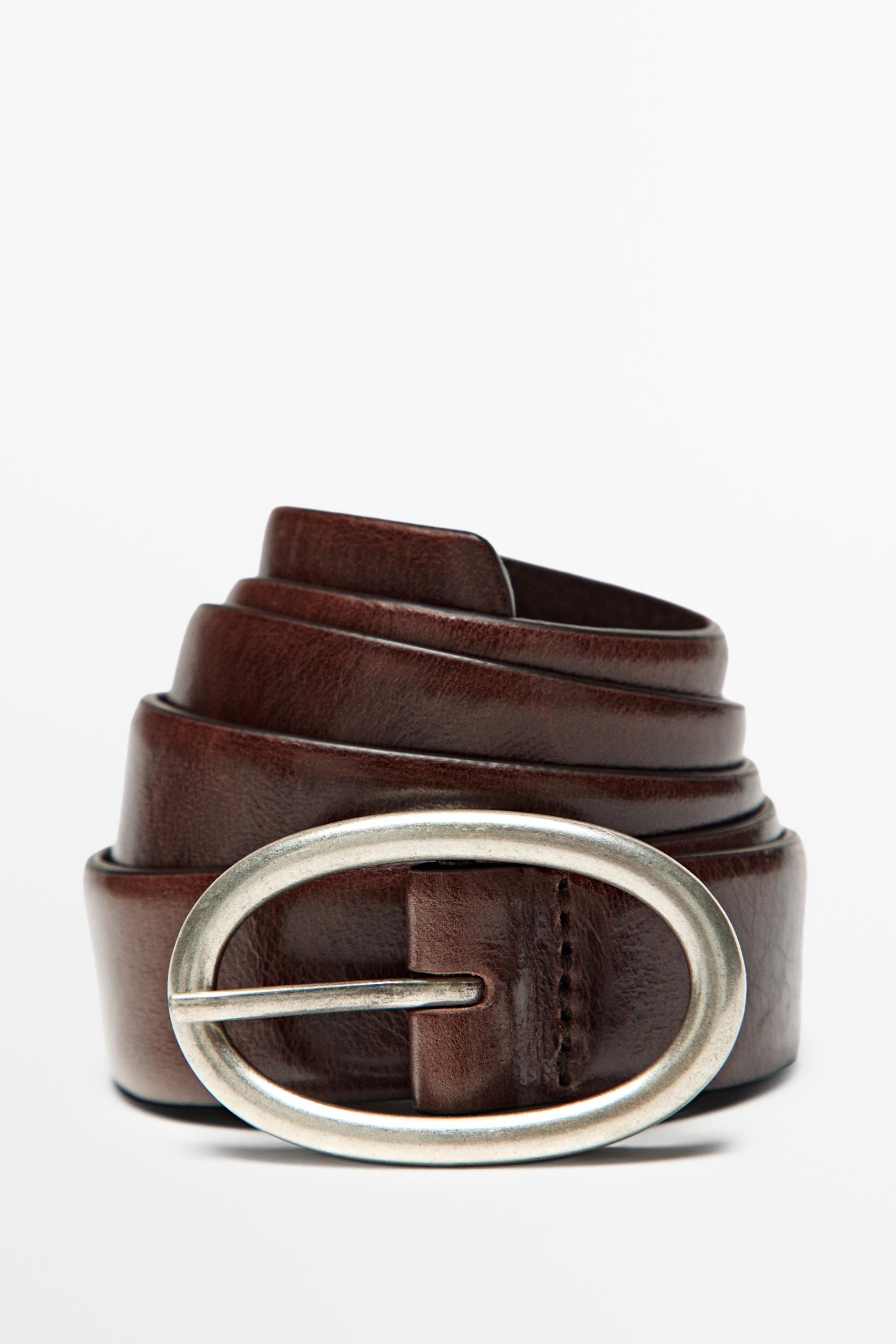 Nappa leather oval buckle belt — BROWN