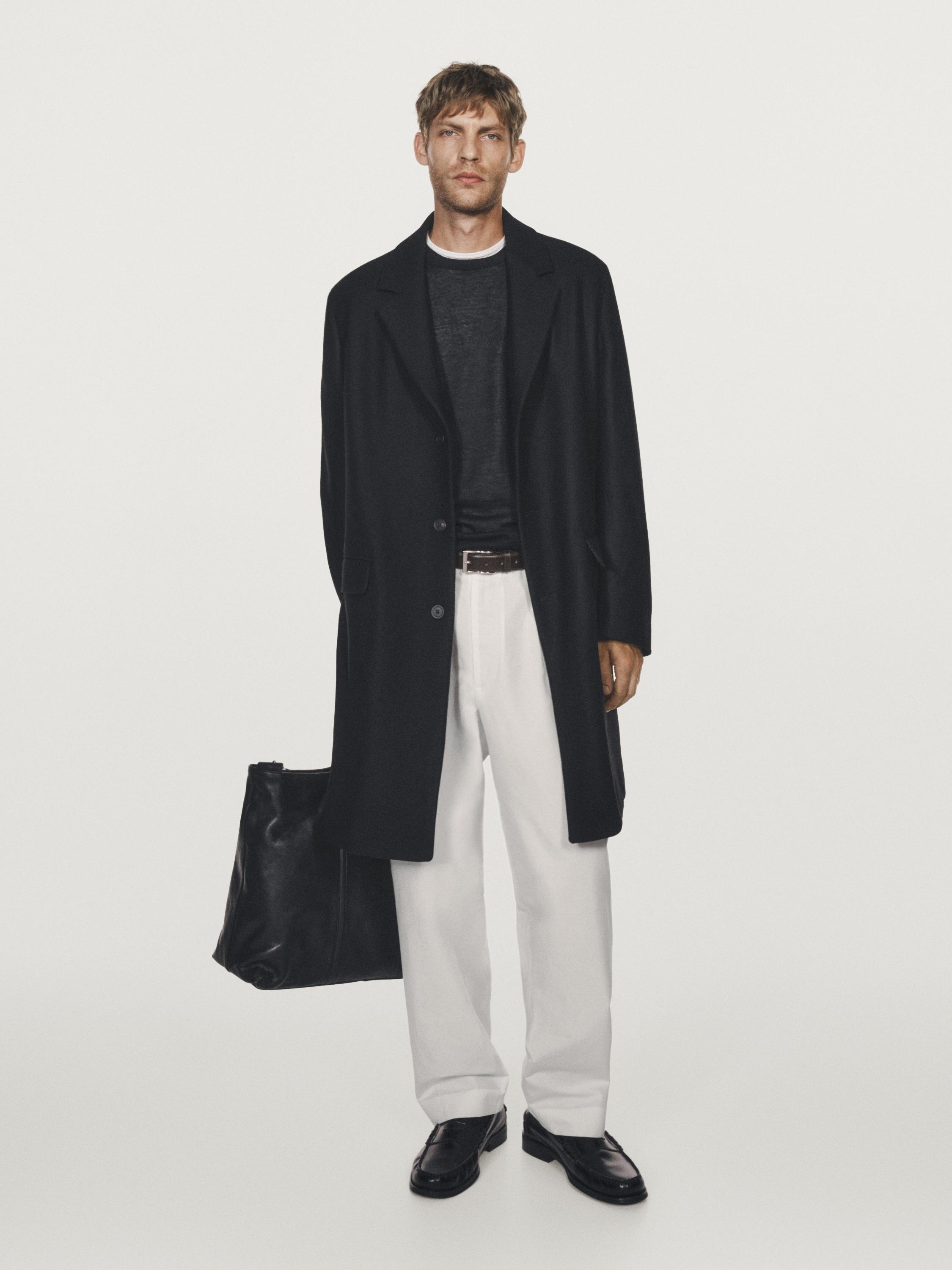 Wool blend long coat with lapel collar