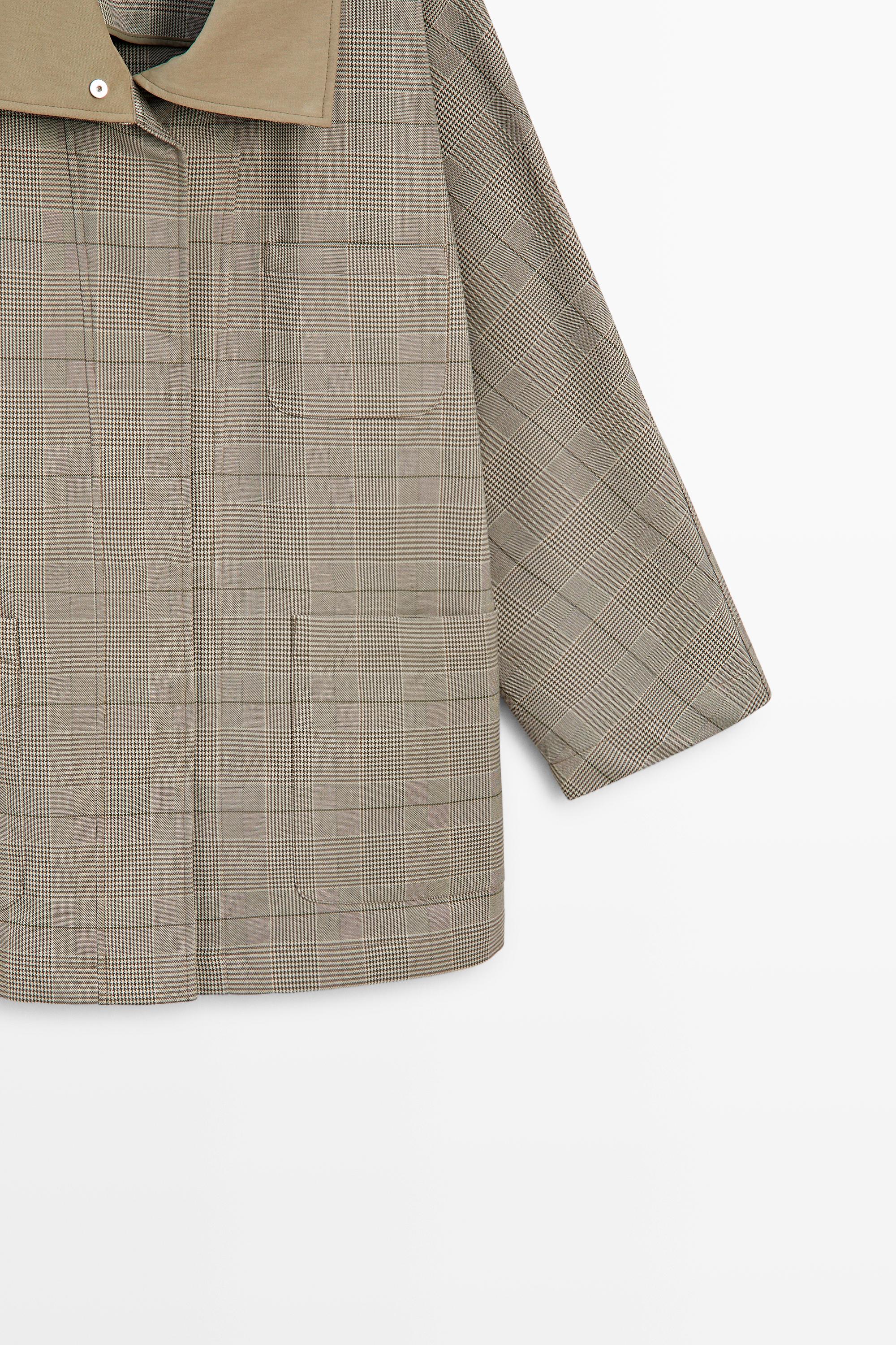 Cotton blend plaid high neck jacket — KHAKI