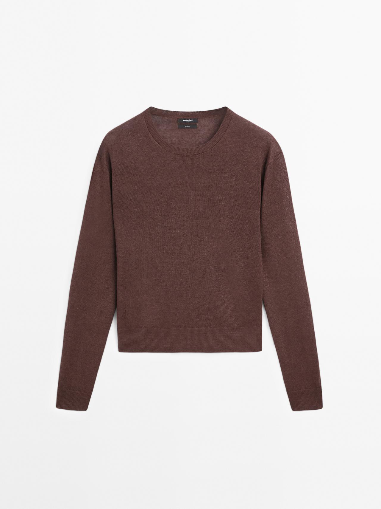 Massimo Dutti - Dame - Trøje I Strik Af 100 % Hør Med Rund Hals - Aubergine - M