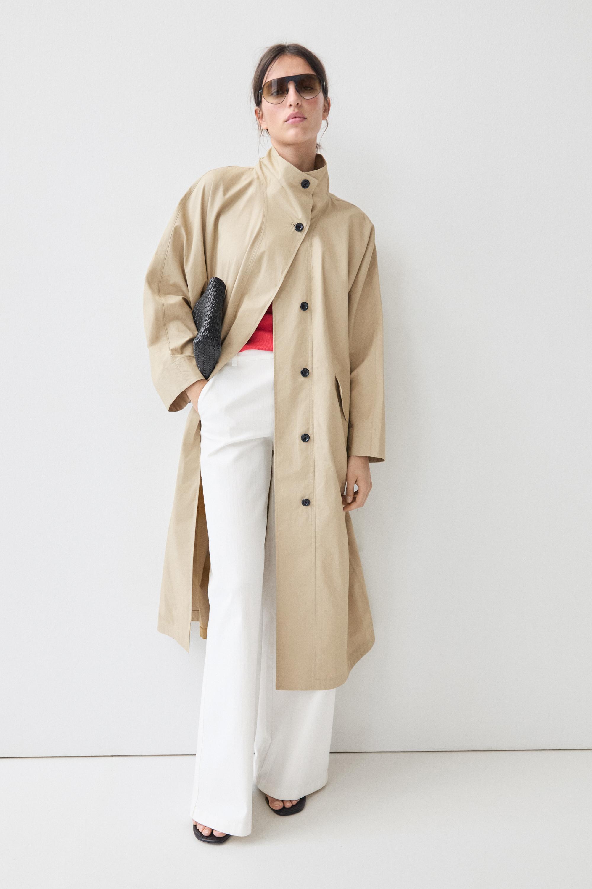 100% Cotton High-Neck Trench Coat — Light Beige