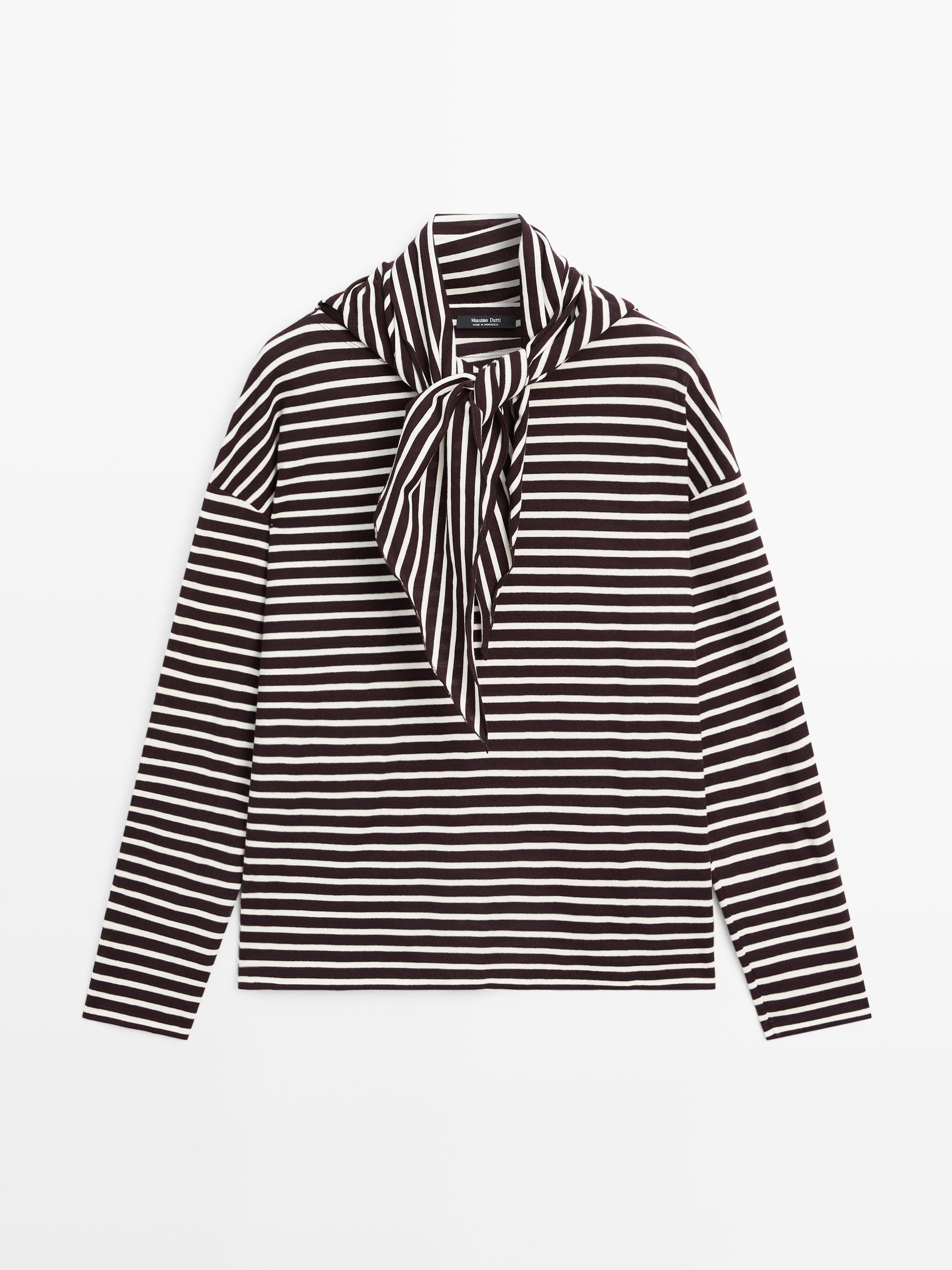 Cotton blend striped T-shirt with scarf detail