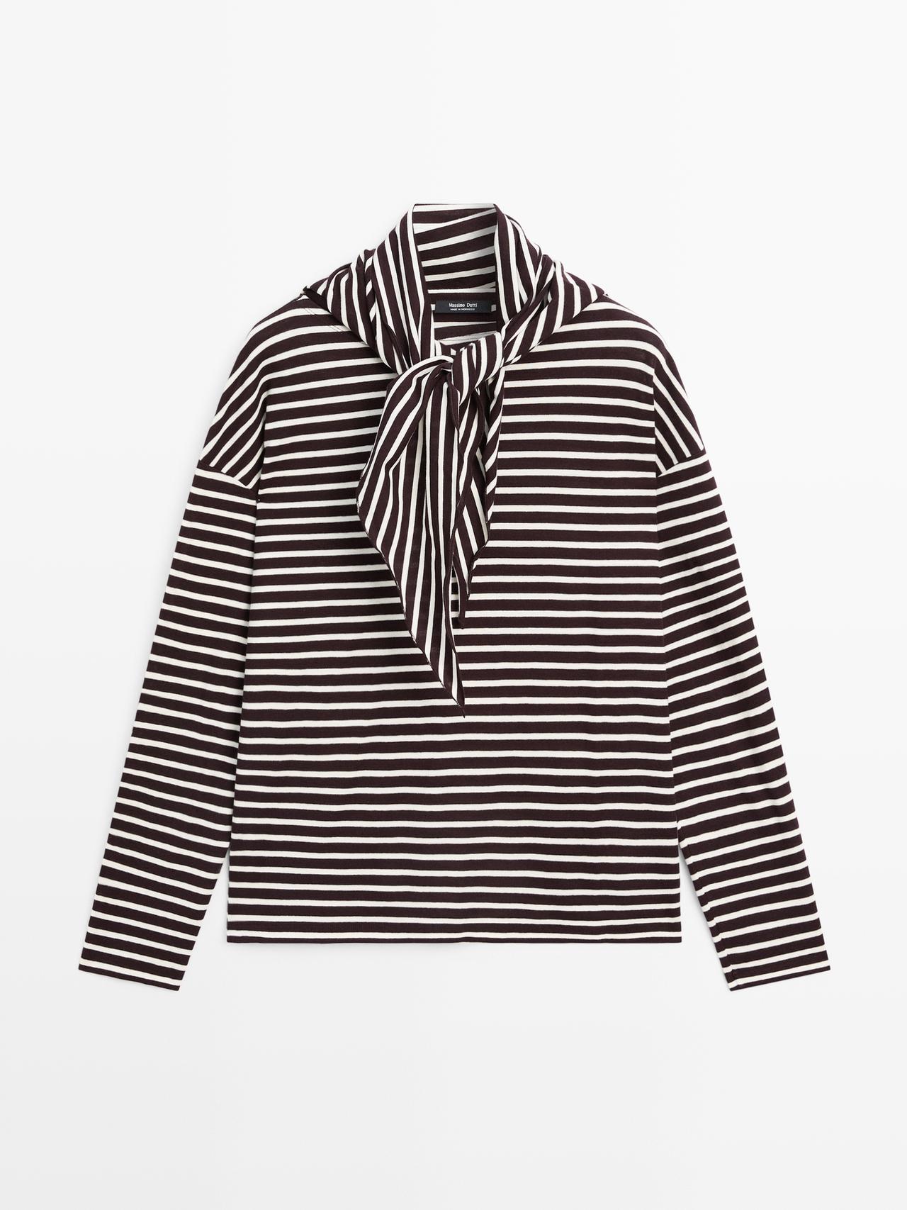 Massimo Dutti - Dames - Gestreept T-Shirt Met Sjaaldetail Van Katoenmix - Bruin - Xs