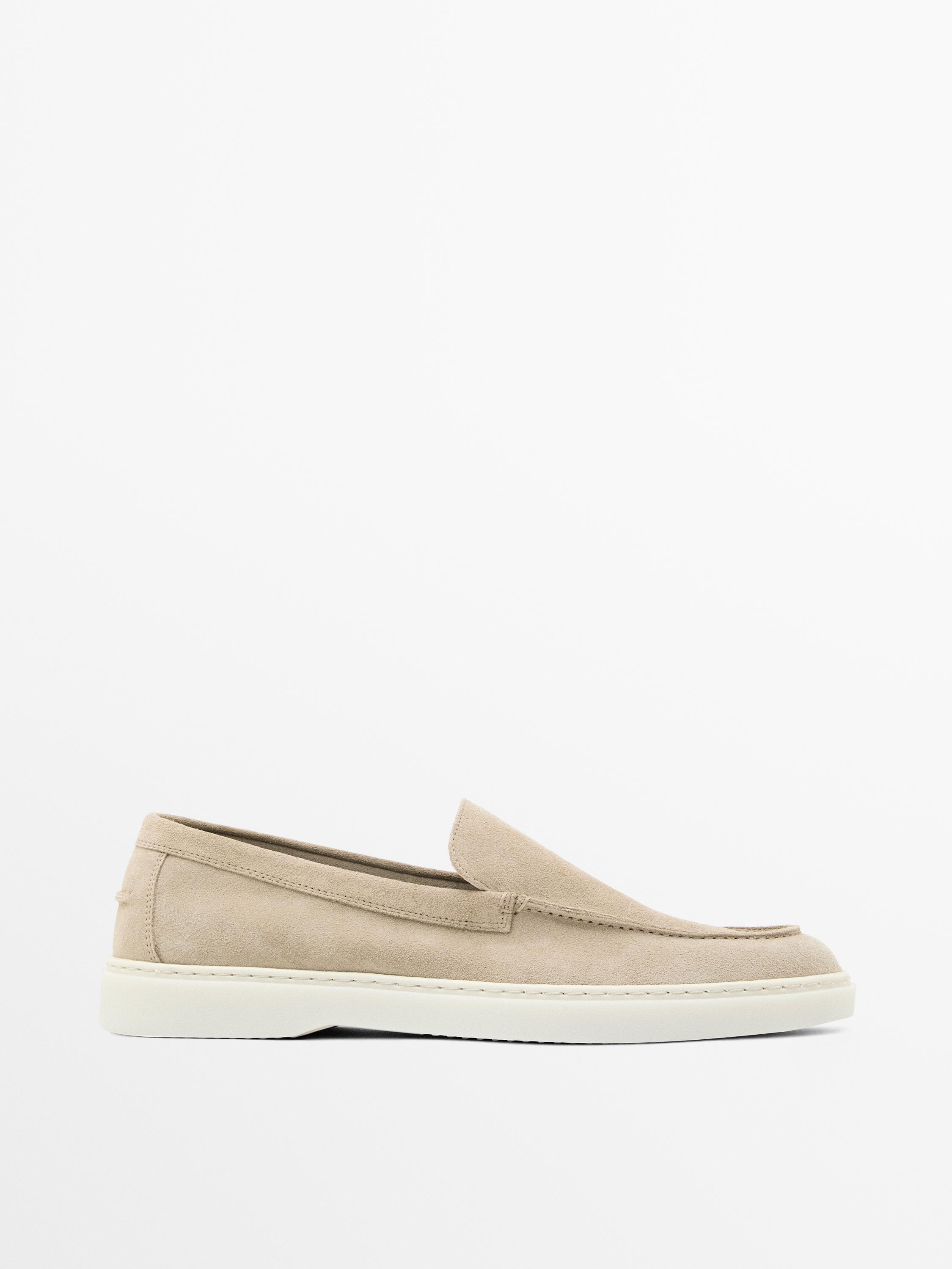 Split leather loafers with moc toe — SAND