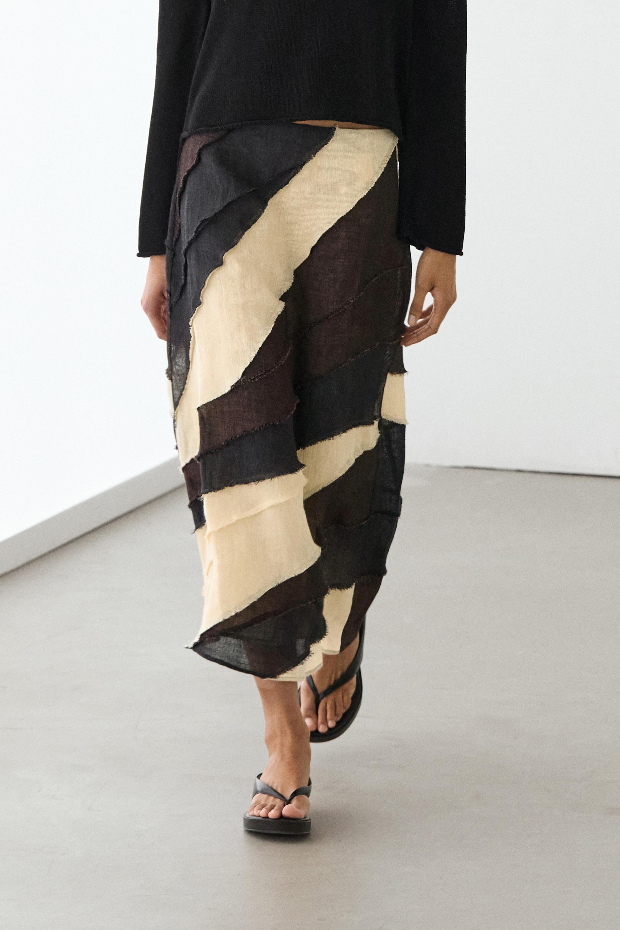 Layered contrast linen midi skirt — BROWN