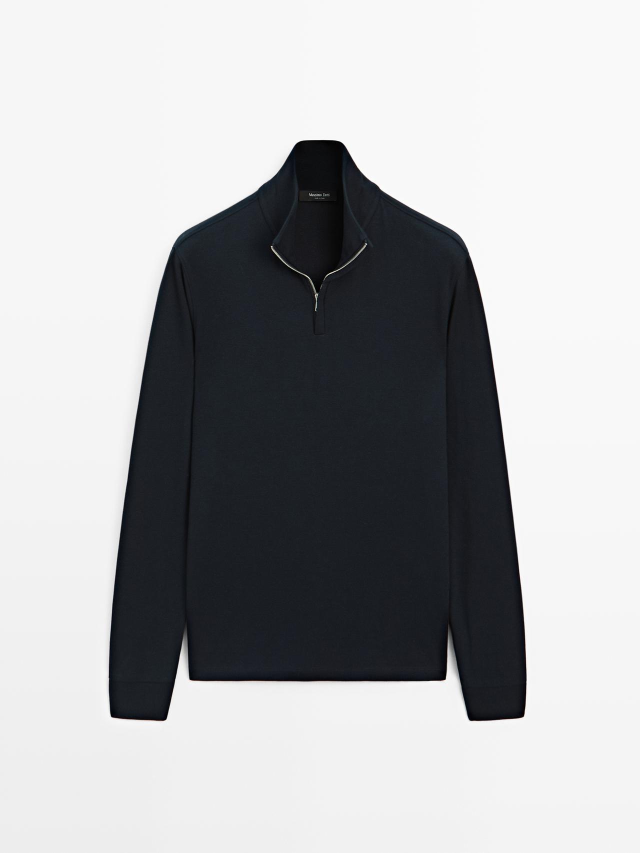 Massimo Dutti - Herre - Poloshirt Med Høj Hals Med Lynlås - Marineblå - S