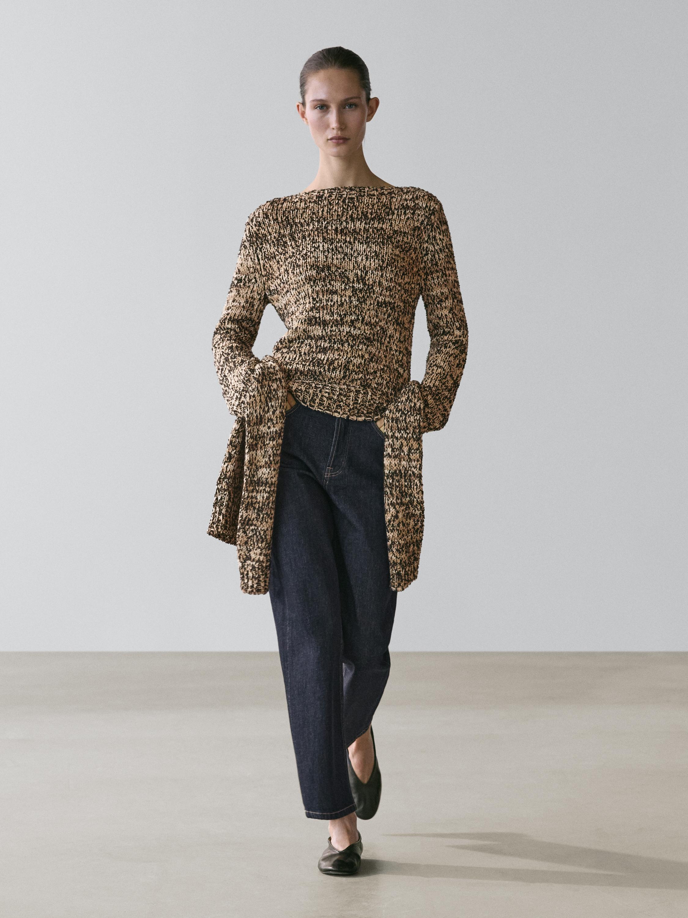 Mouliné cotton blend knit sweater — CAMEL