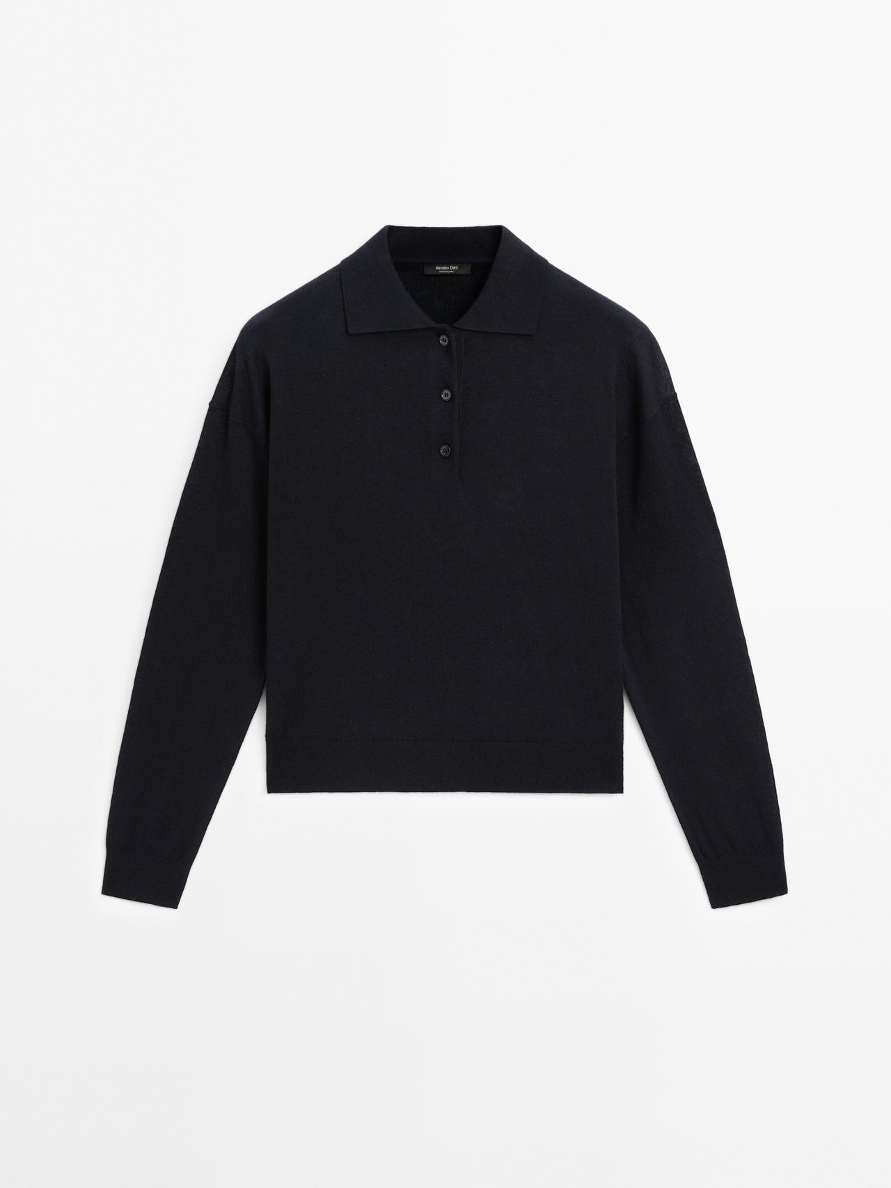 Massimo Dutti - Dame - Strikket Polotrøje I Bomuldsblanding - Marineblå - Xs