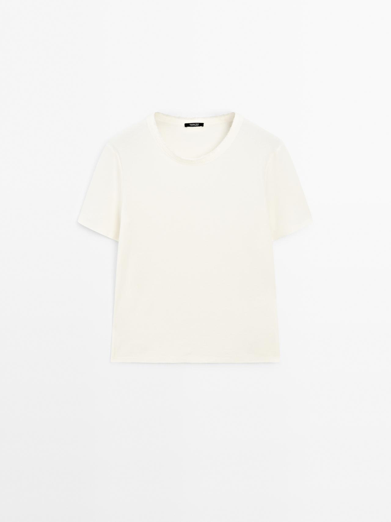 Massimo Dutti - Dame - T-Shirt Med Frynset Hals - Råhvid - Xl