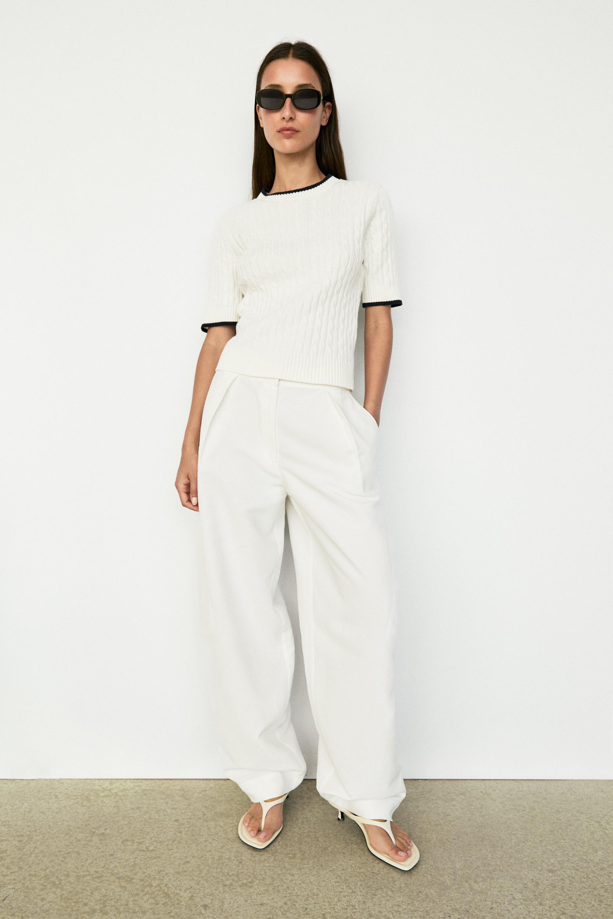 Short sleeve cable-knit sweater — WHITE