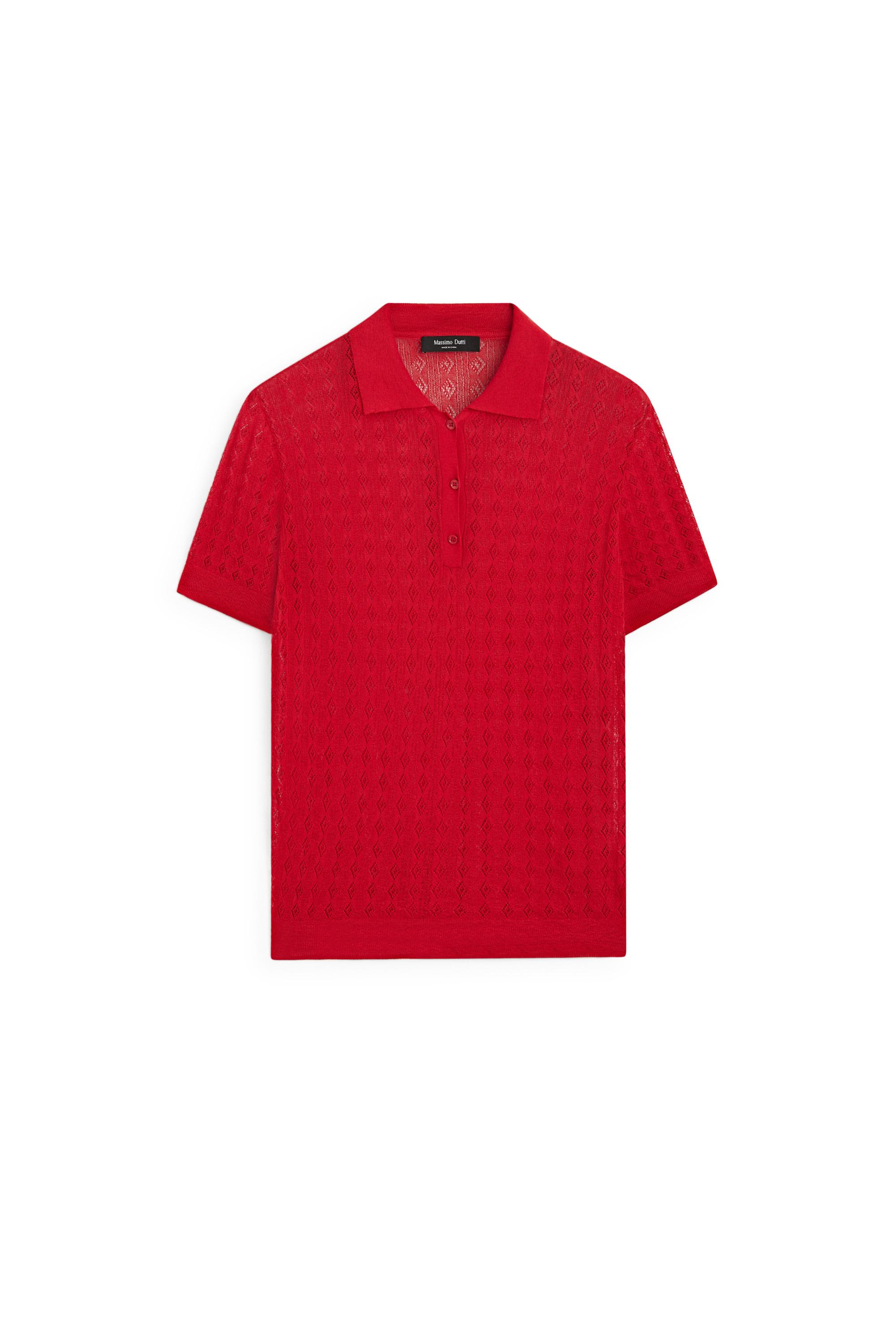Open-knit polo sweater — RED