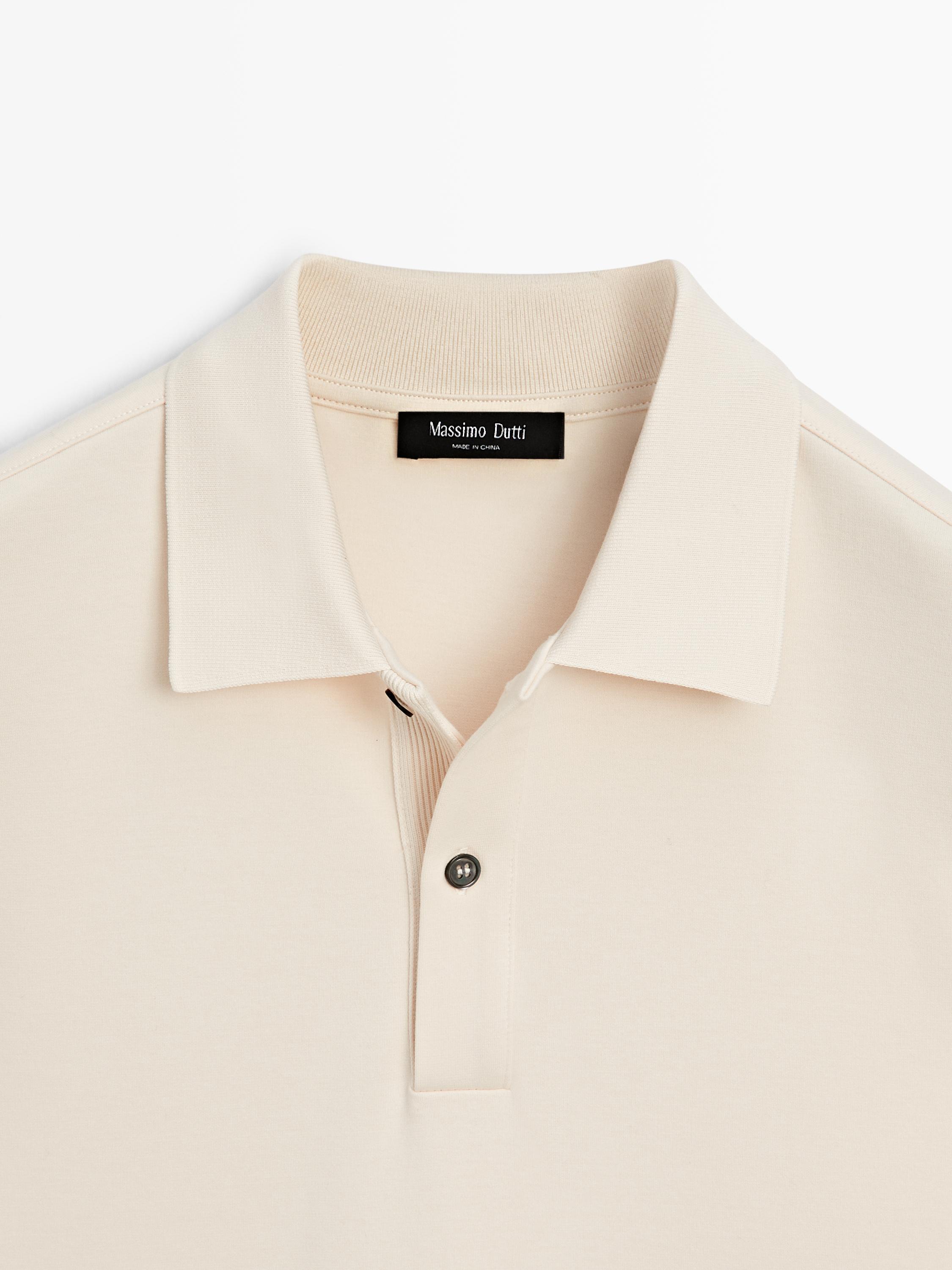 Long sleeve polo shirt with ribbed detail — CREAM
