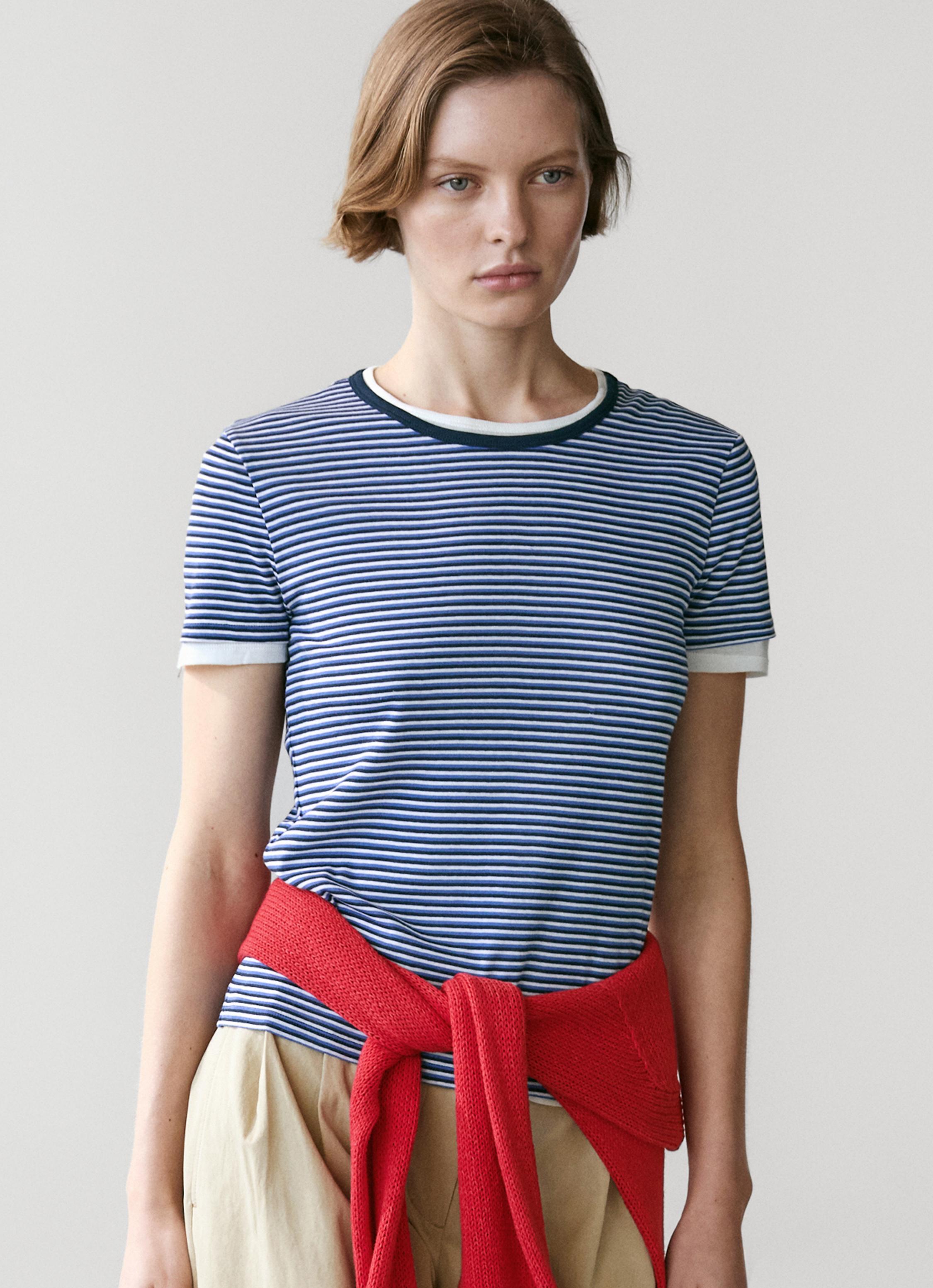 Striped double-layer T-shirt with short sleeves — BLUE