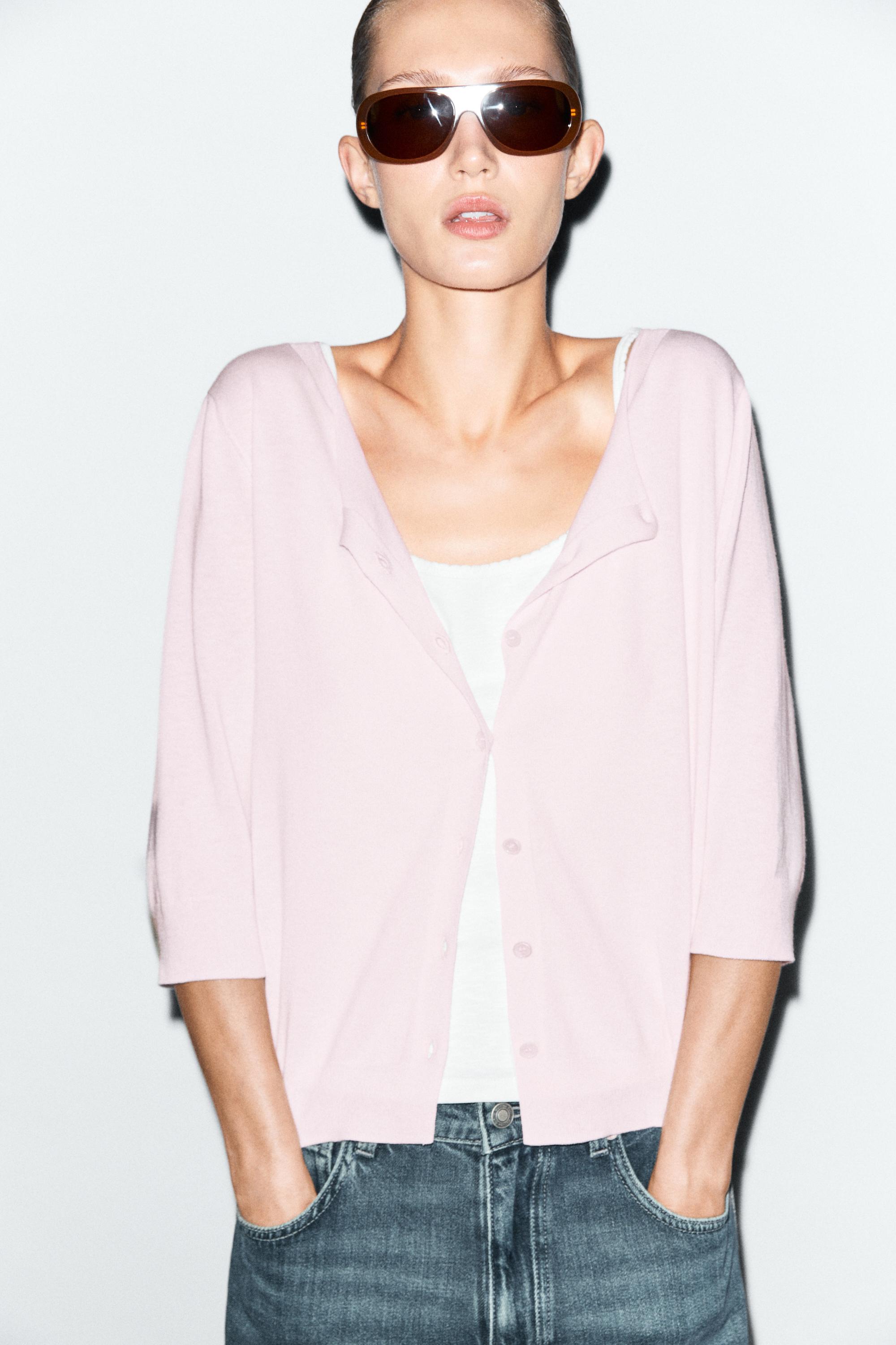 Cotton blend boat neck cardigan — PALE PINK
