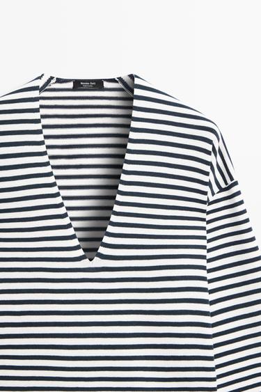 Striped V-neck knit sweater — CREAM 3