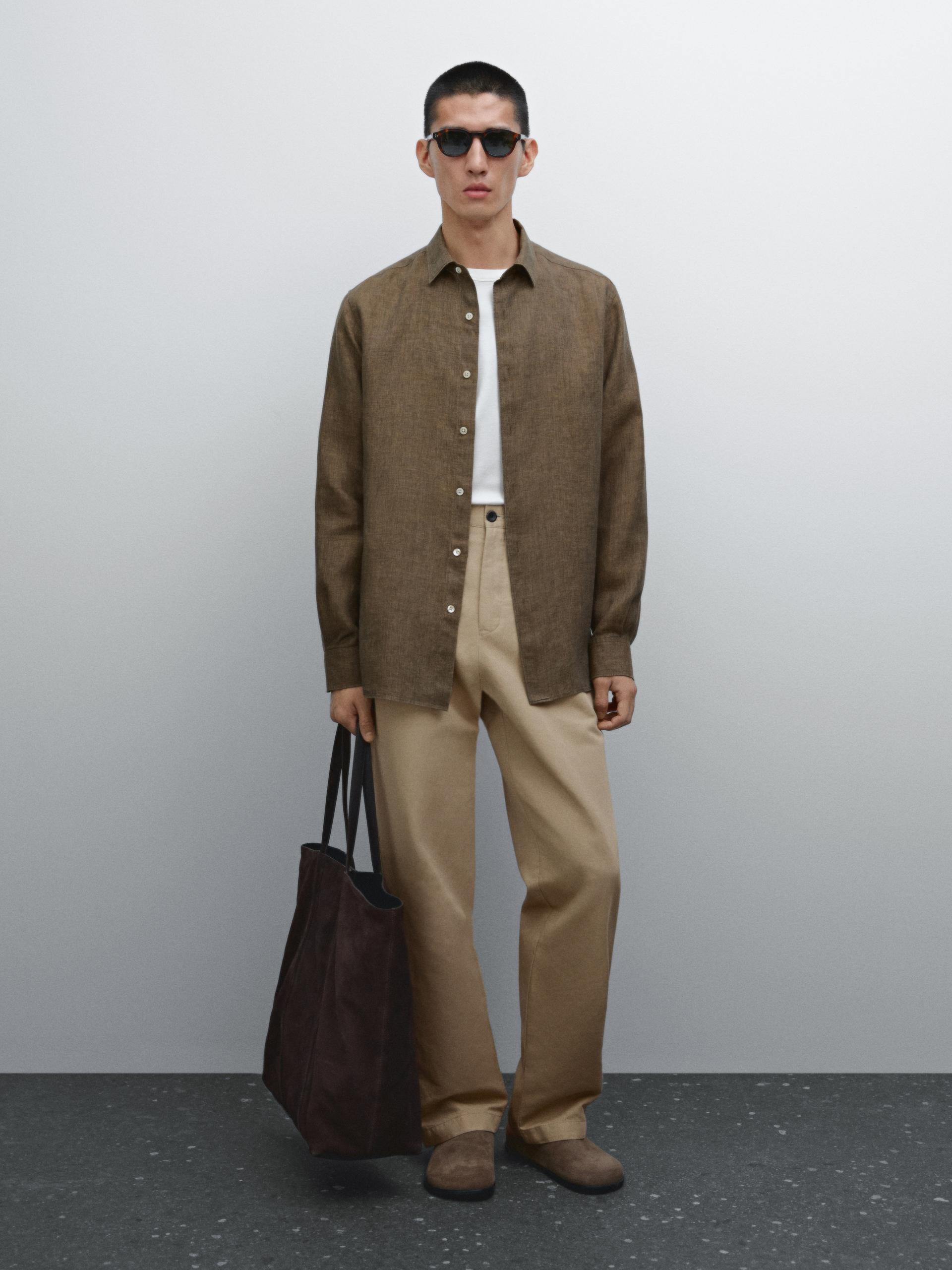 Koszula O Kroju Slim Z Efektem Sprania 100% Len - Piaskowy - Xl - Massimo Dutti - Mężczyzna