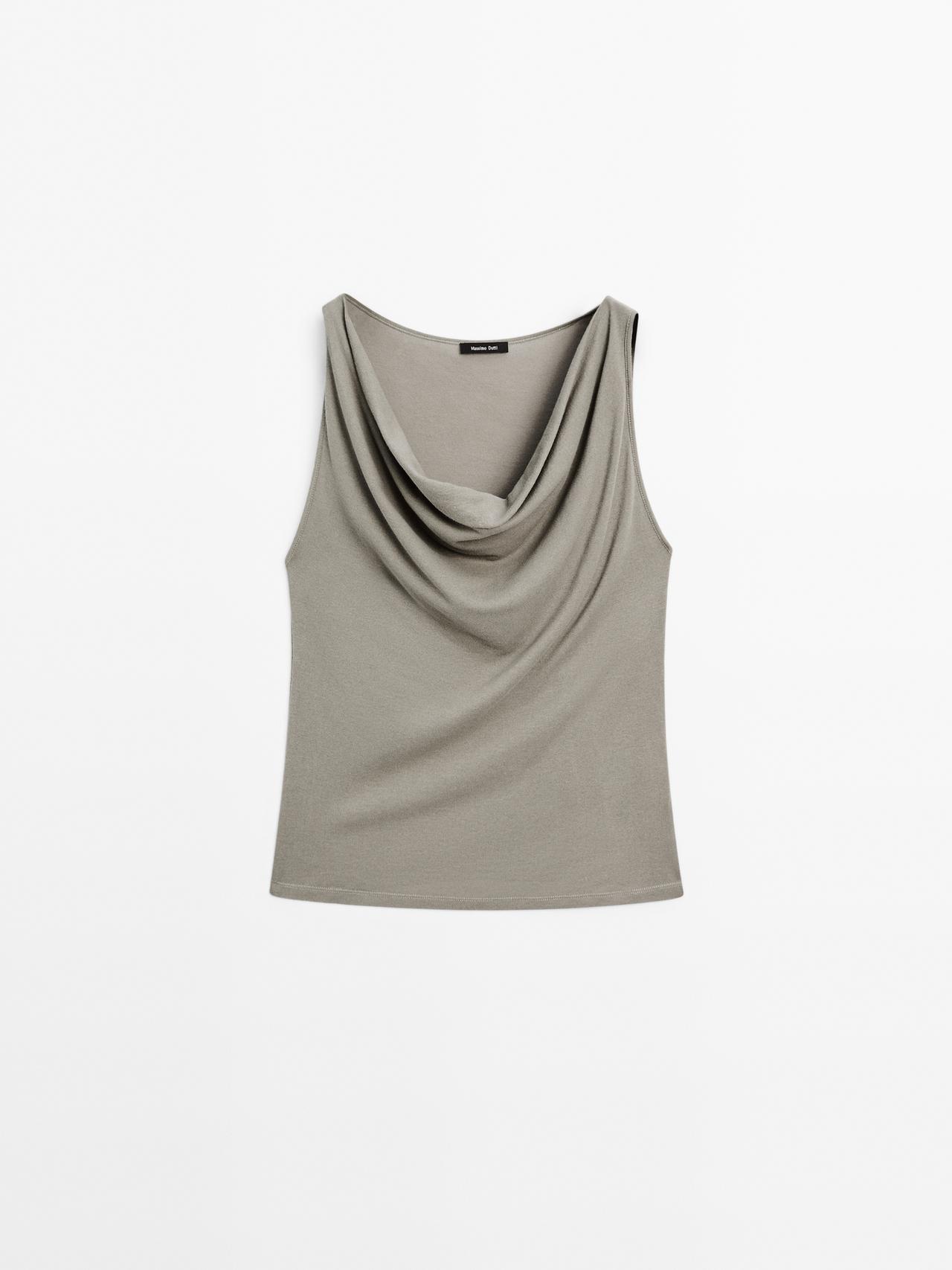 Massimo Dutti - Dame - Top I 100 % Bomuld Med Draperet Halsudskæring - Kaki - L