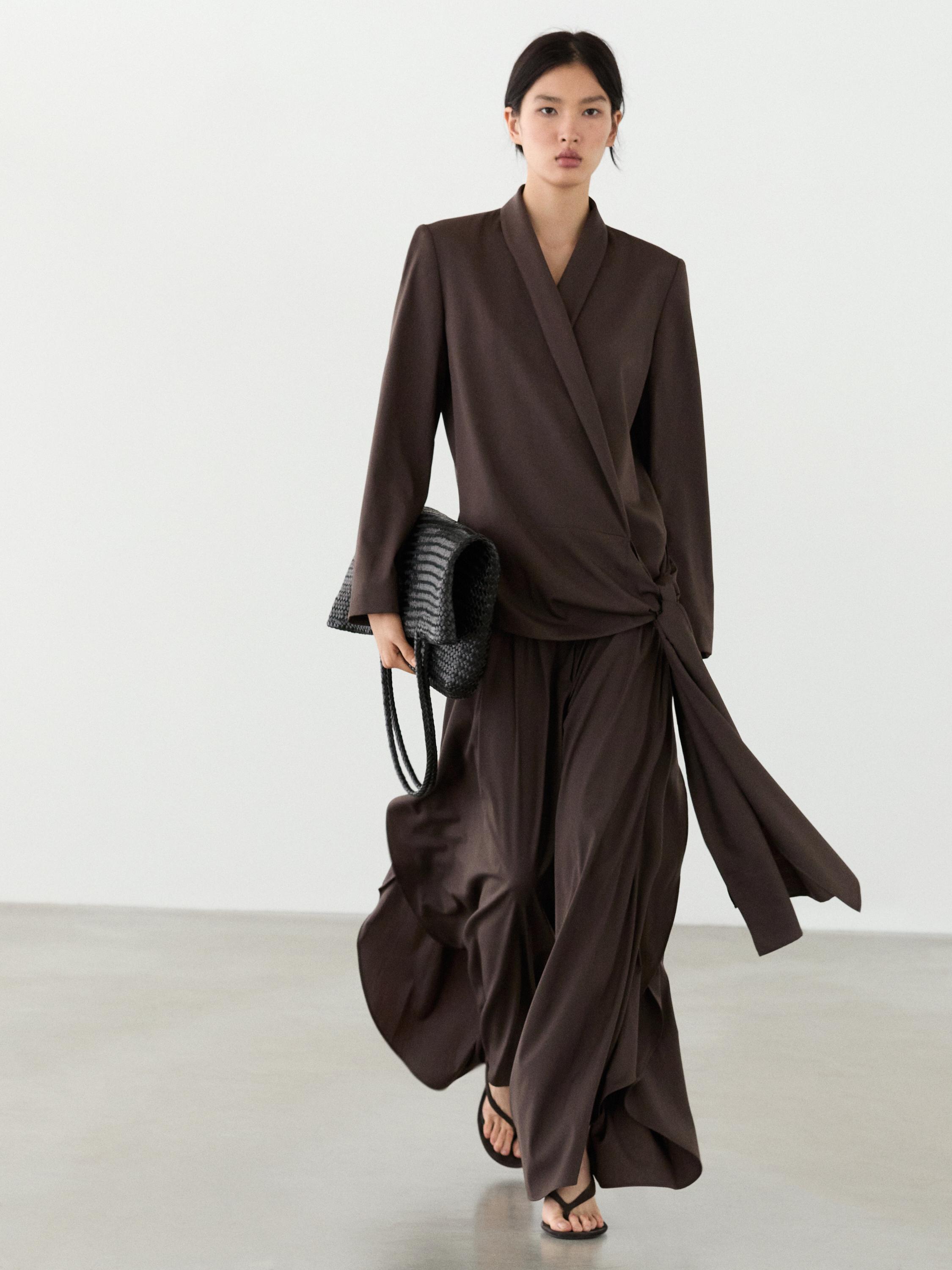 Wool blend blazer with tie detail — Chocolate
