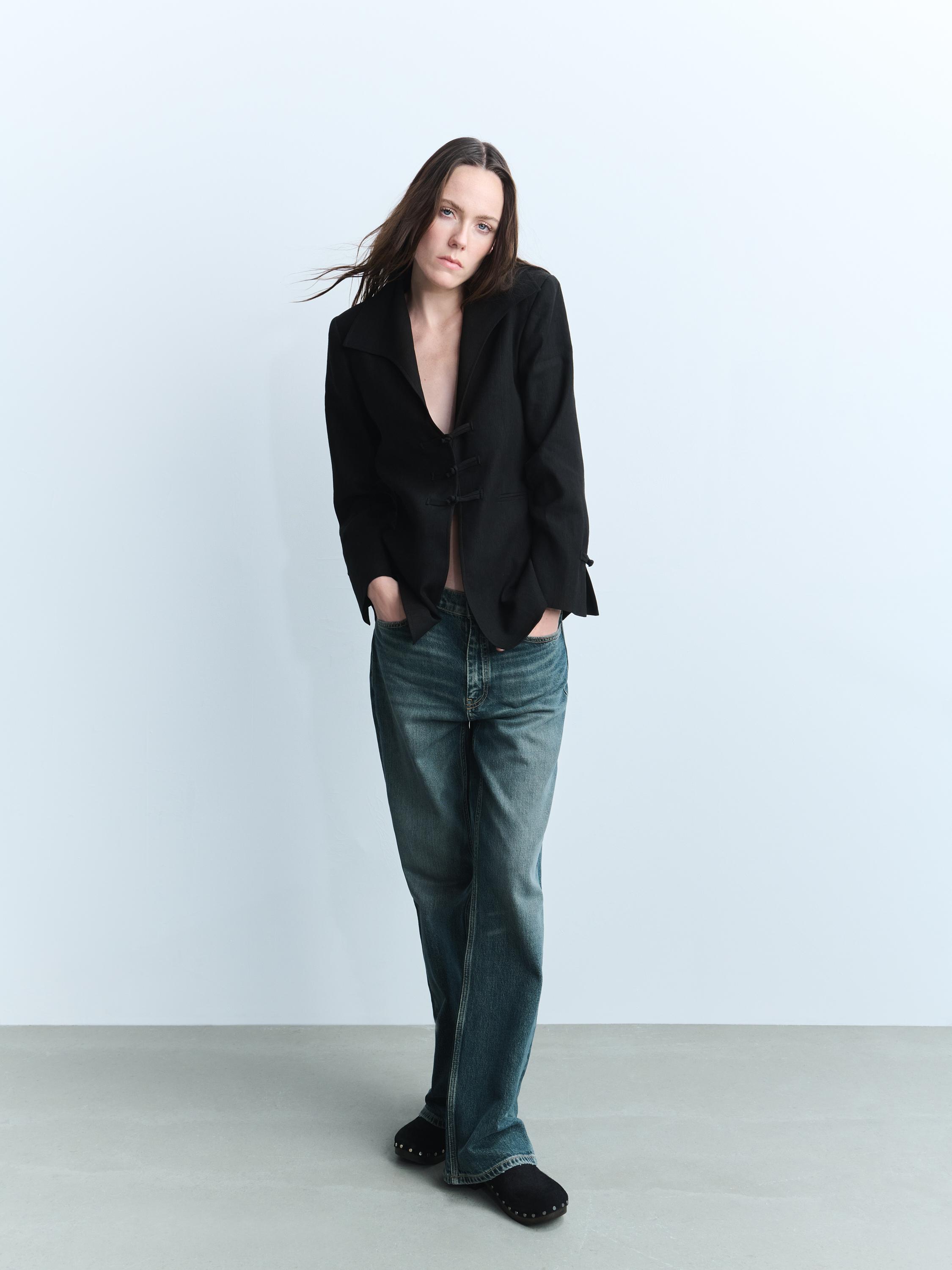 Cotton blend high-waist straight-leg jeans