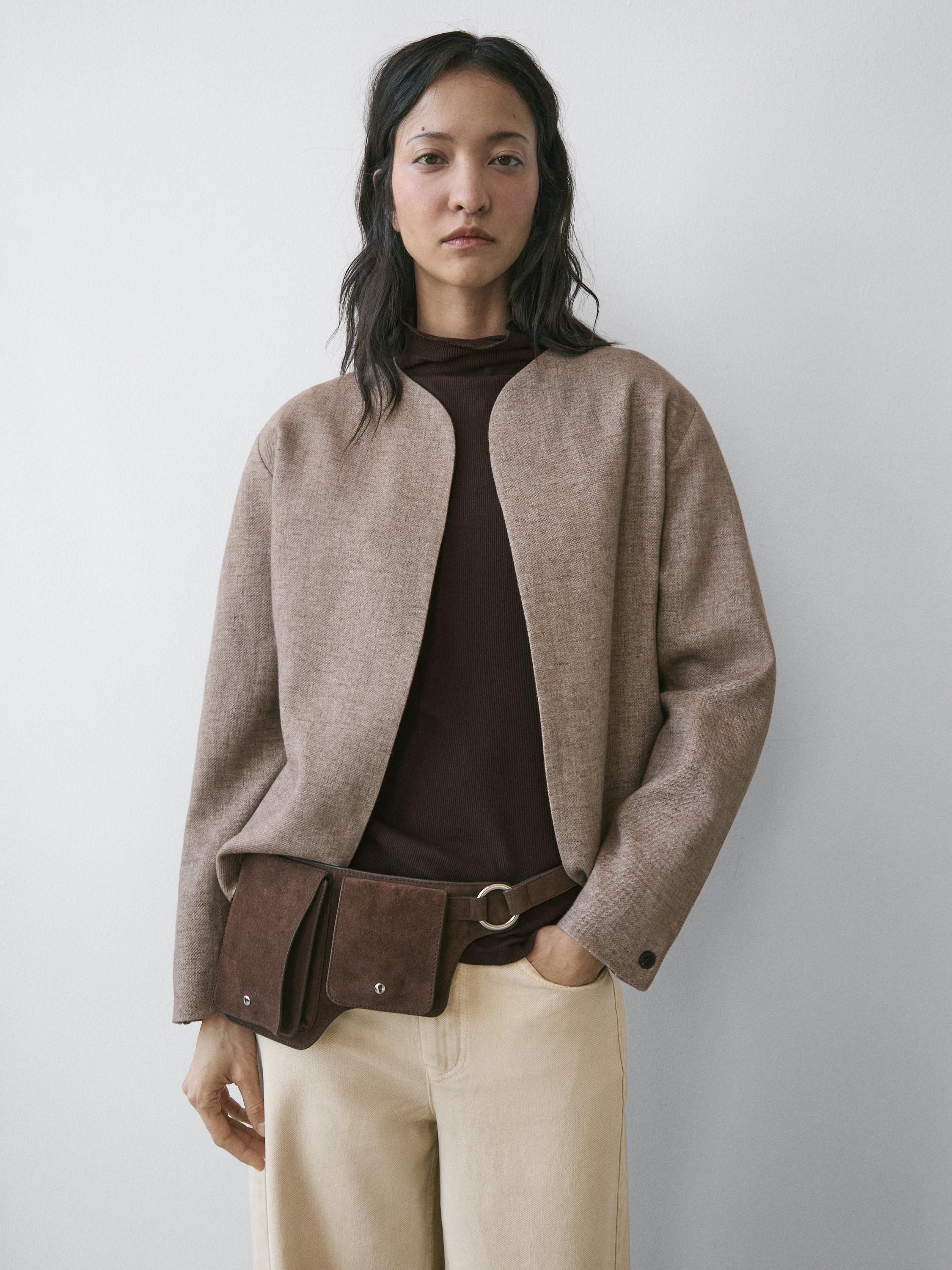 Short linen blend jacket — MOLE BROWN