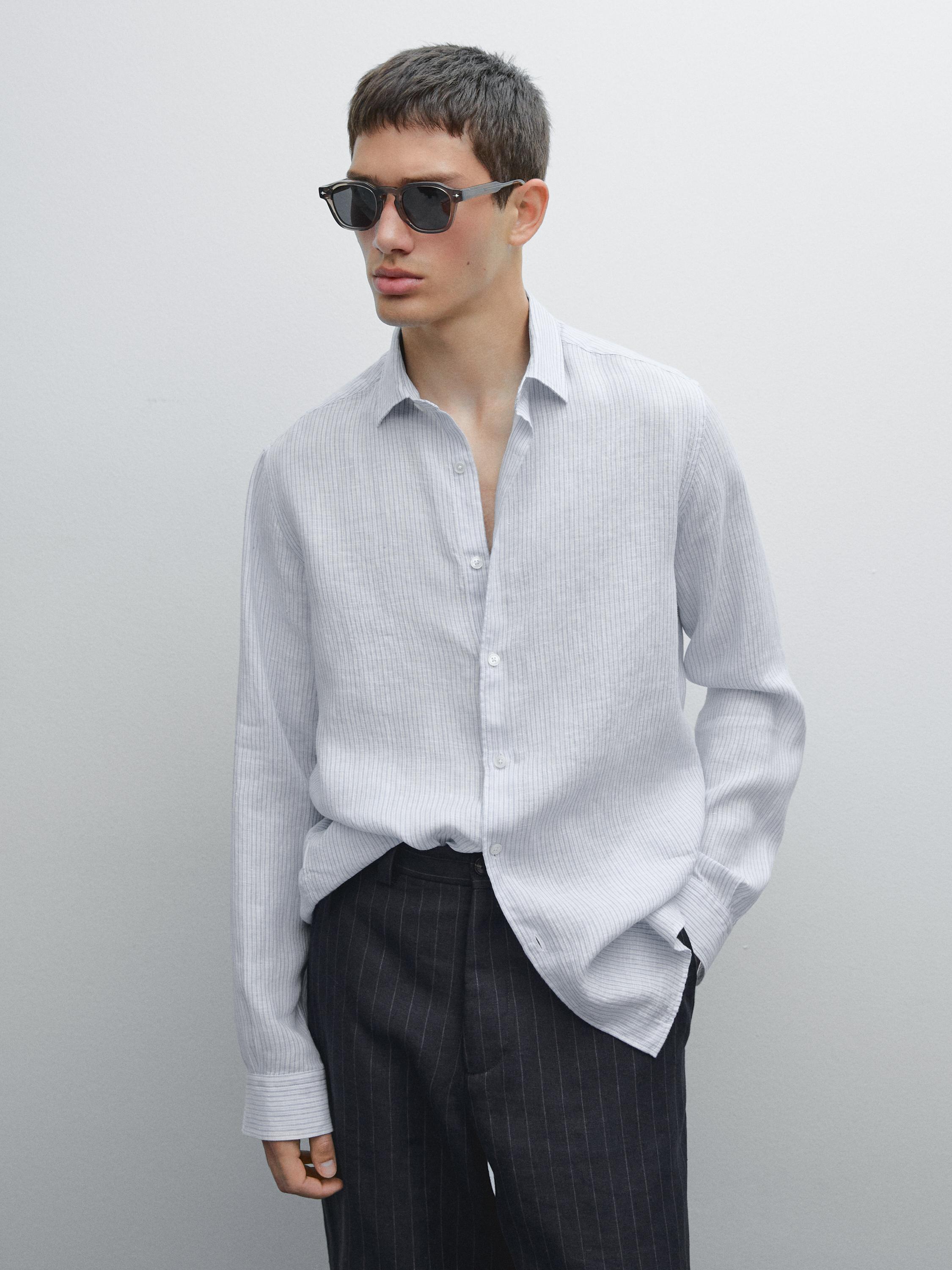 Slim fit striped 100% linen shirt