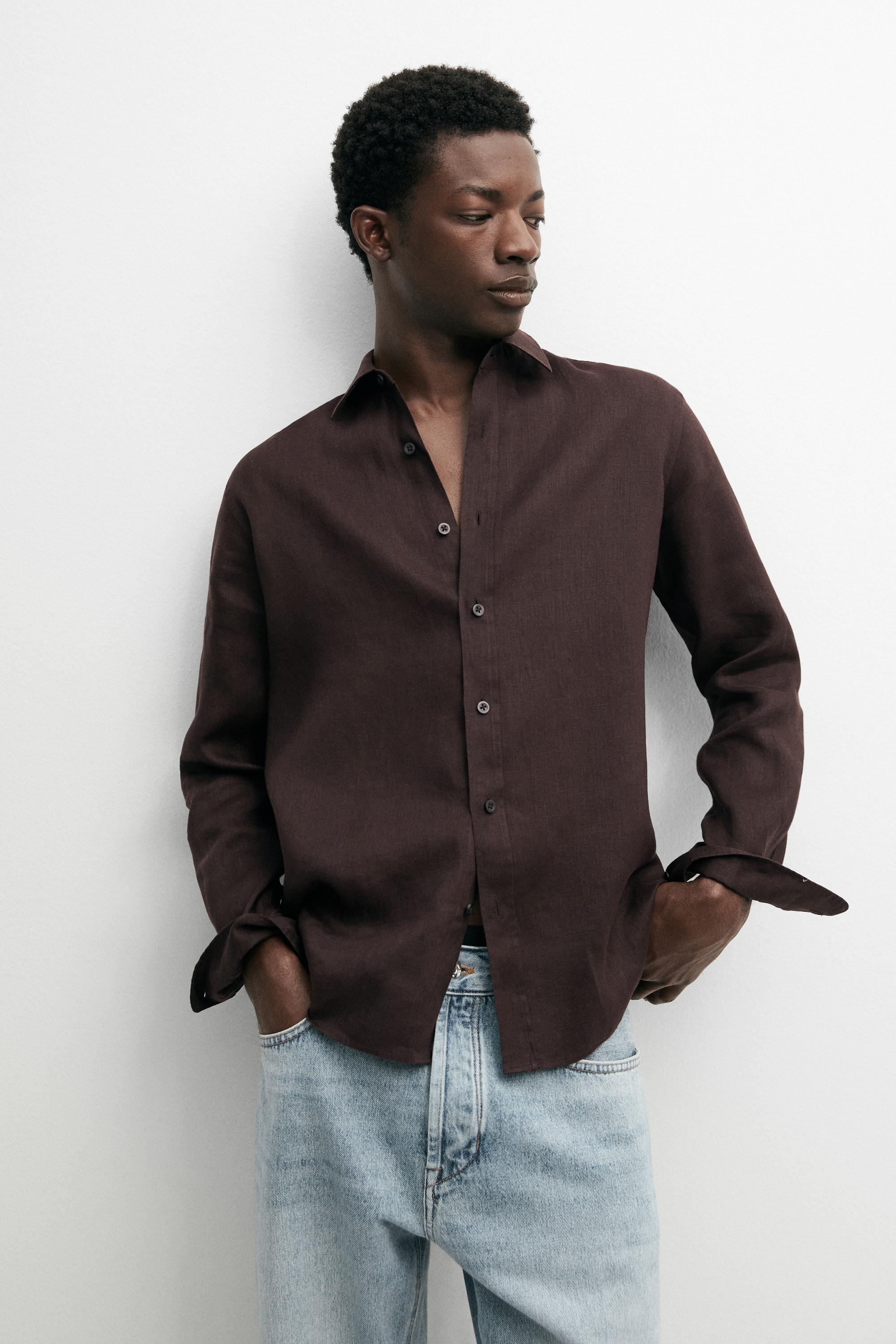 100% linen slim fit shirt — BURGUNDY