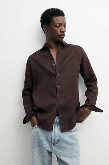 100% linen slim fit shirt — BURGUNDY 3