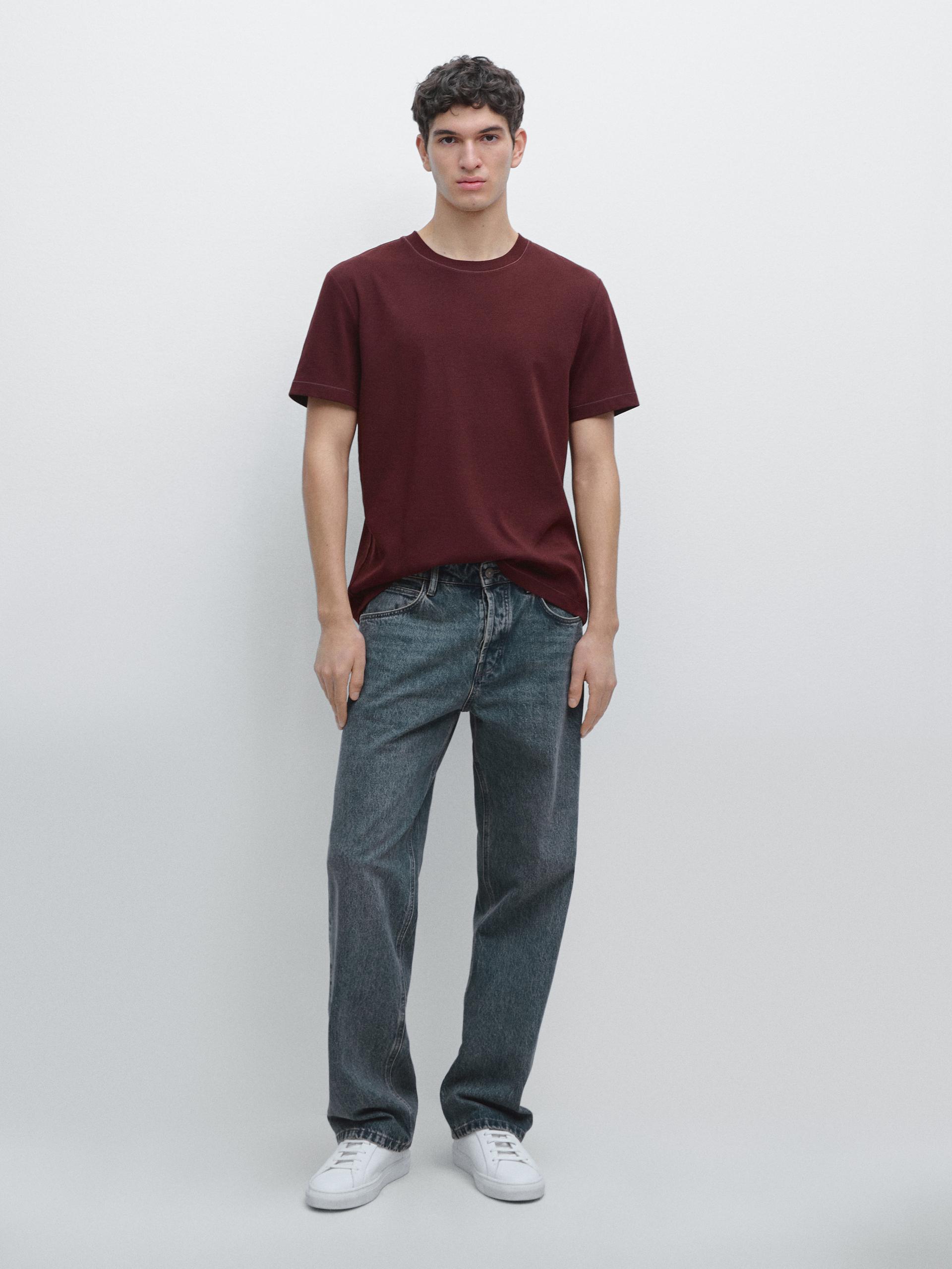 Camiseta Manga Corta Mezcla Algodón - Burdeos - L - Massimo Dutti - Hombre