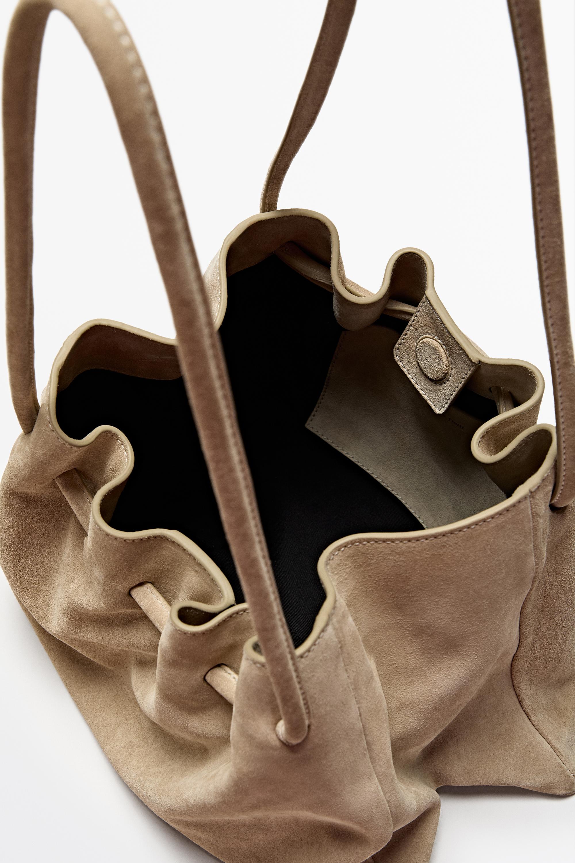 Ruched split suede leather bag — Ecru