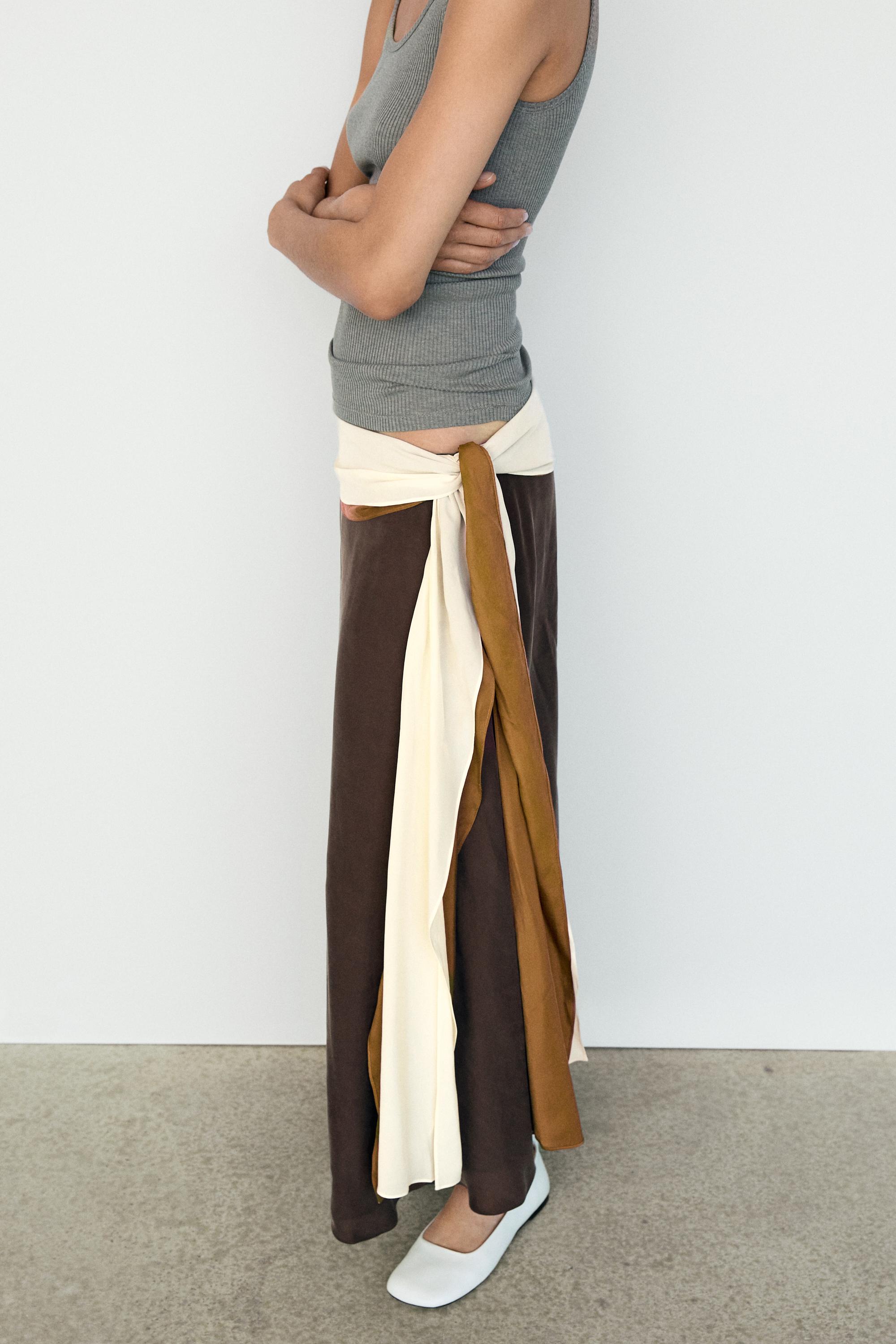 Contrast Ruffle Midi Skirt — BROWN