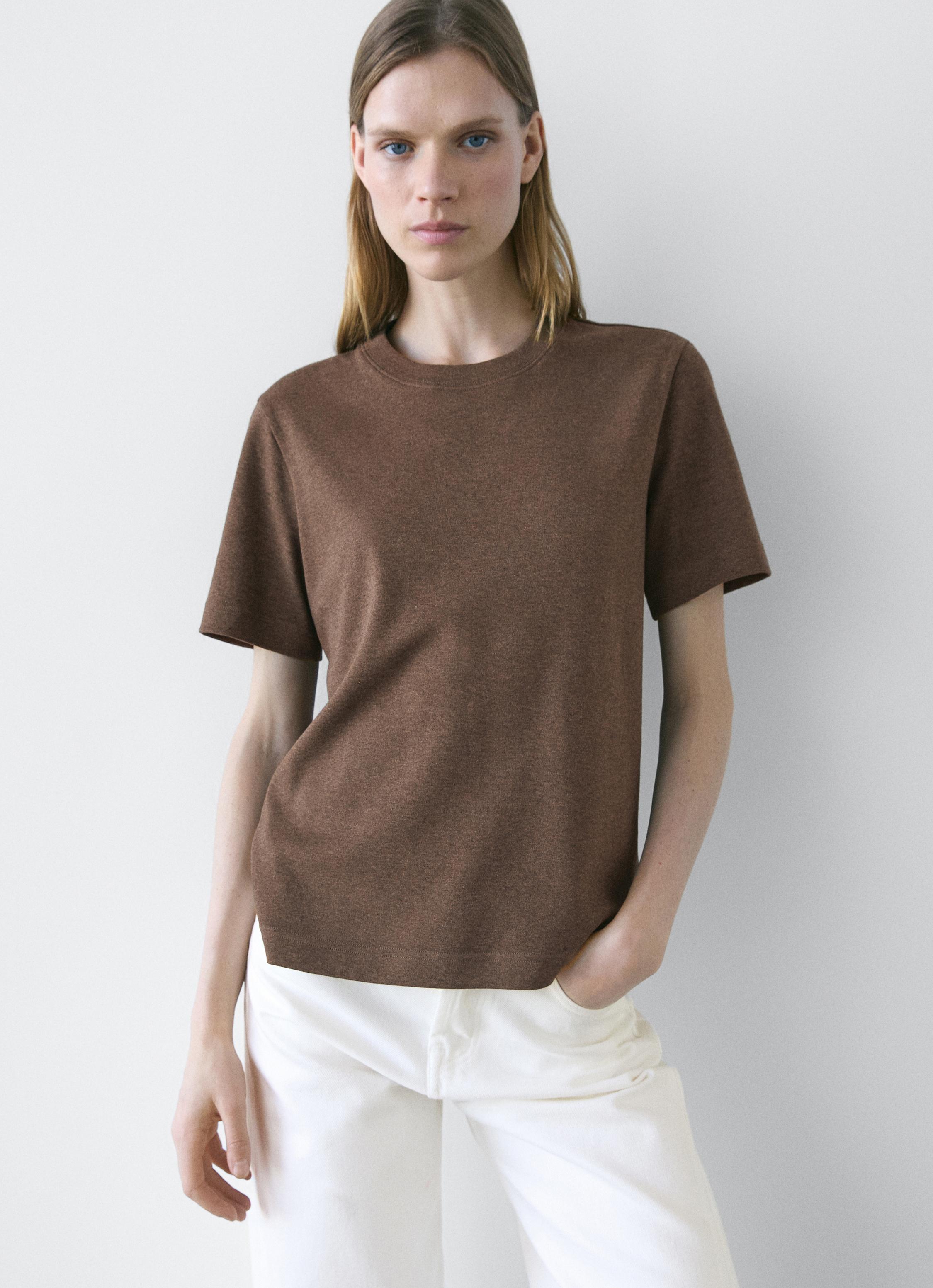 100% cotton interlock crew neck T-shirt — BROWN MARL