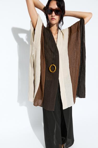 Textured tricolor linen blend kaftan — BROWN 8