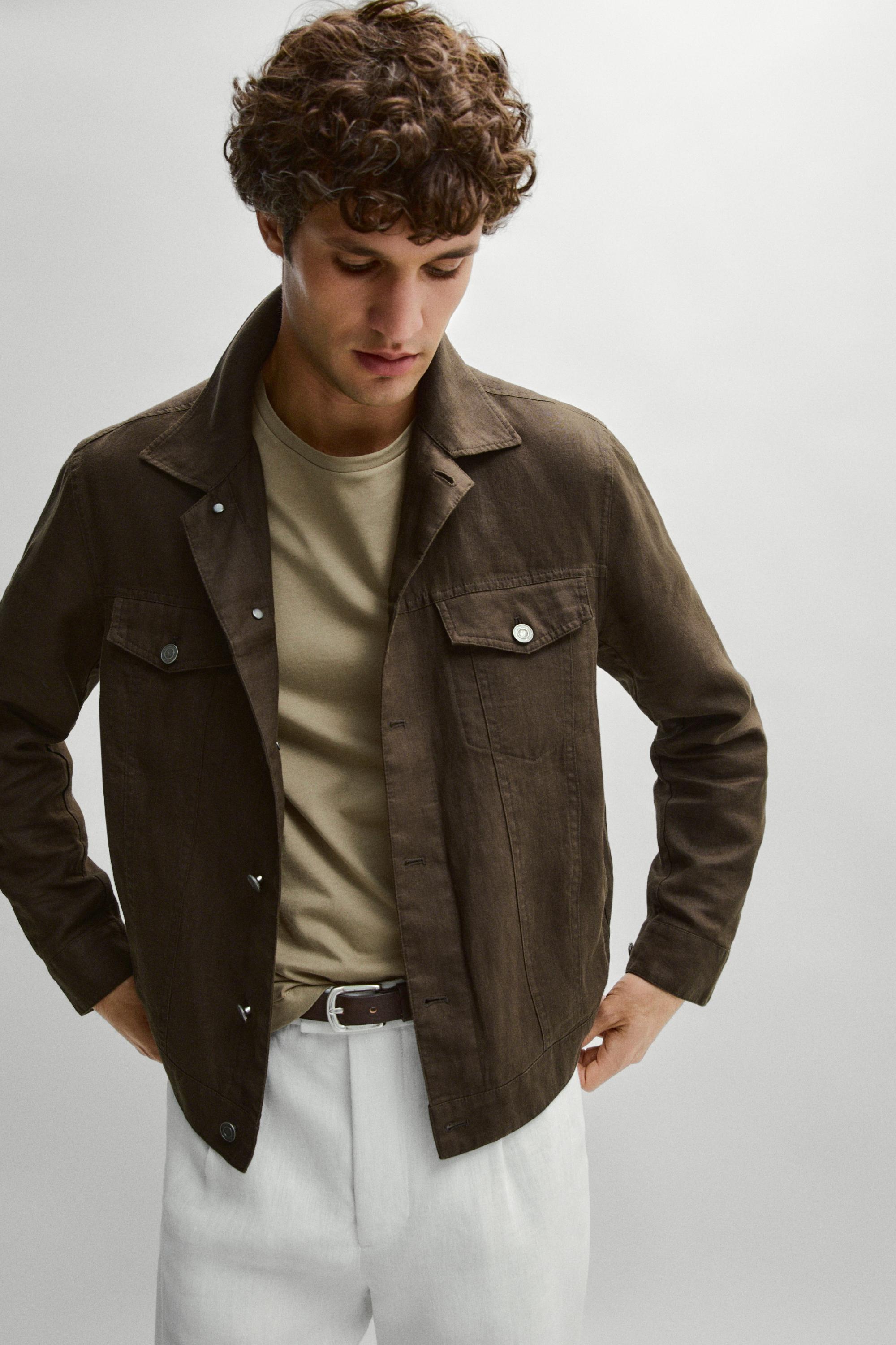 100% linen trucker jacket — DARK KHAKI