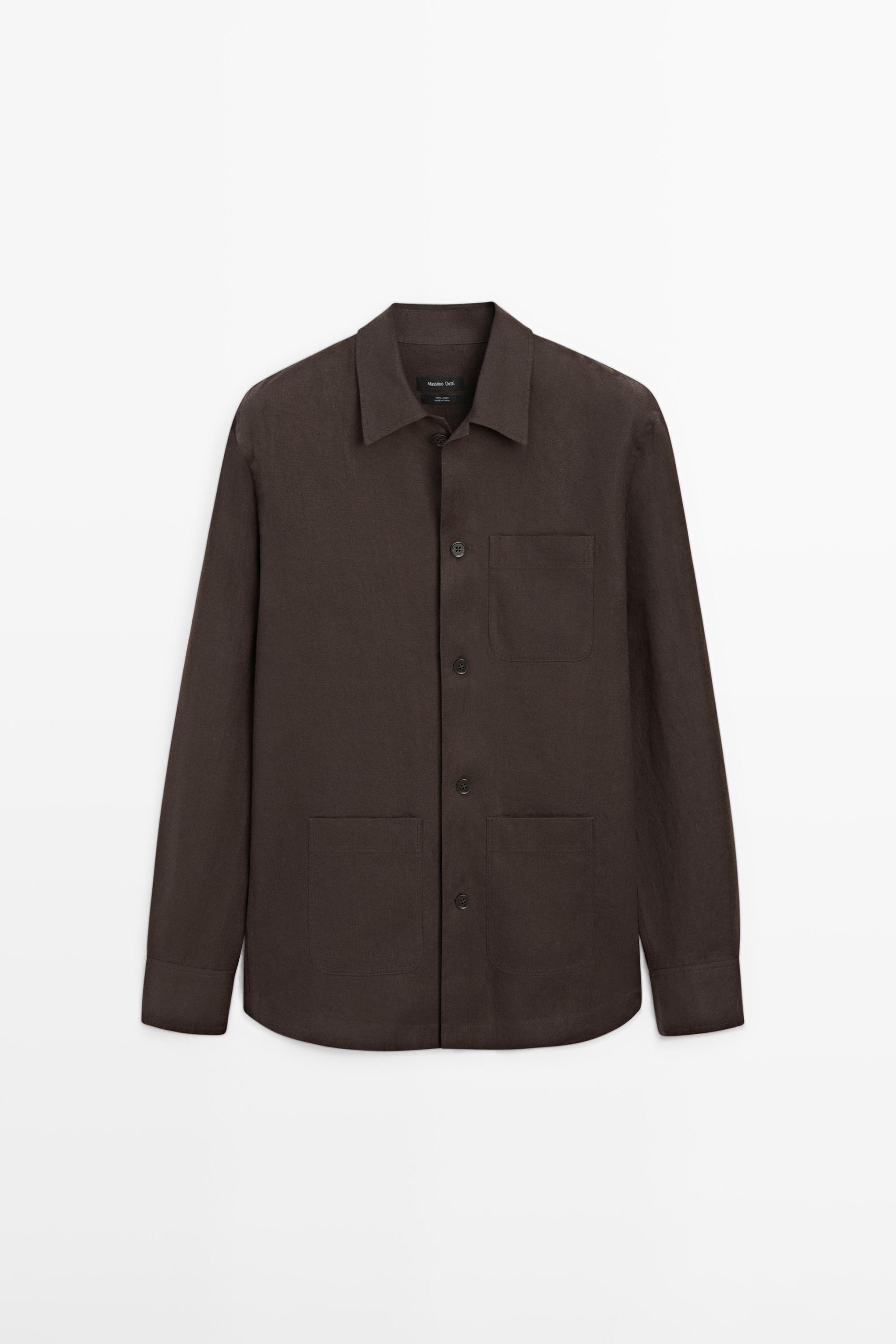 Linen total look overshirt with pocket details — BROWN