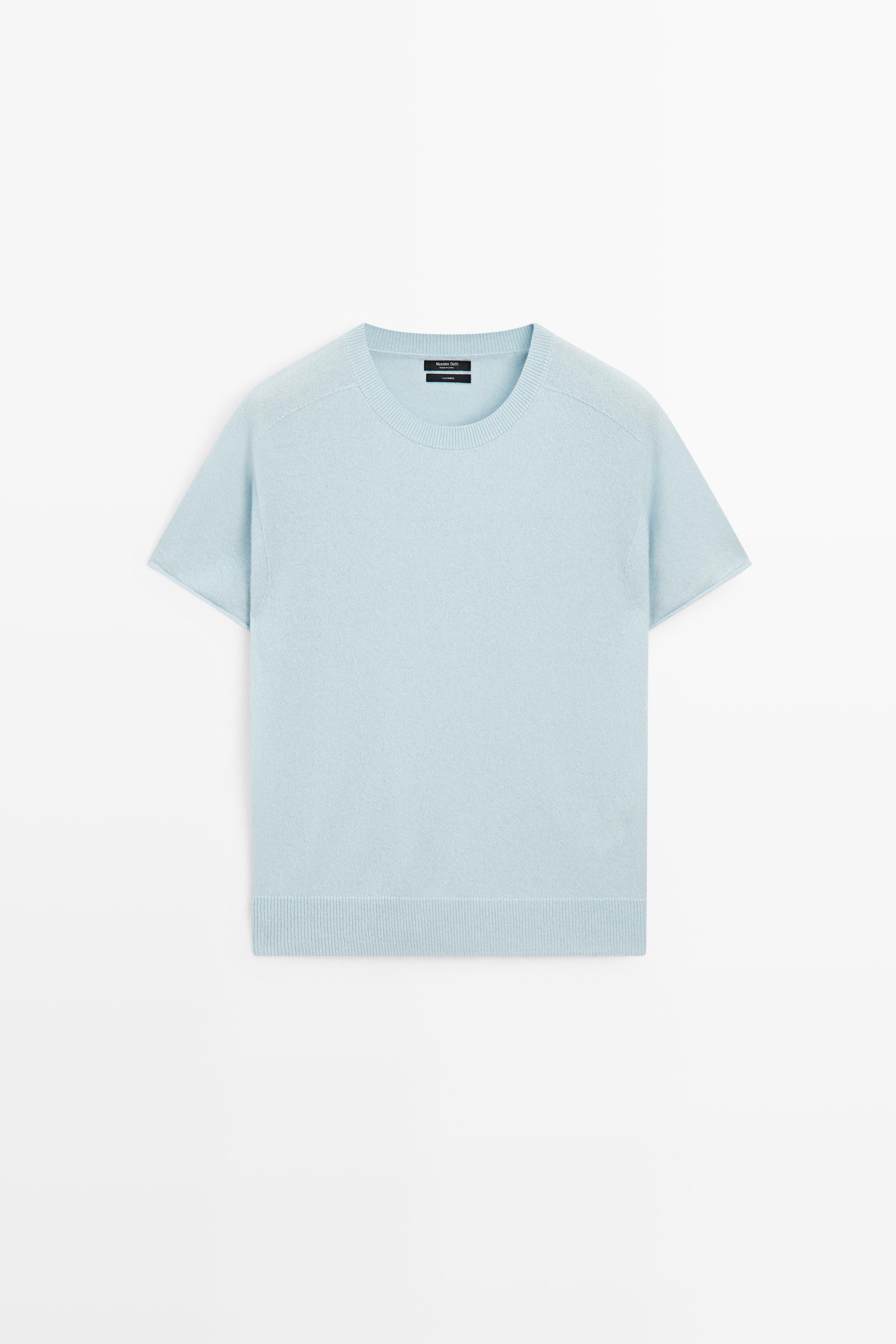 100% cashmere short sleeve knit sweater — SKY BLUE