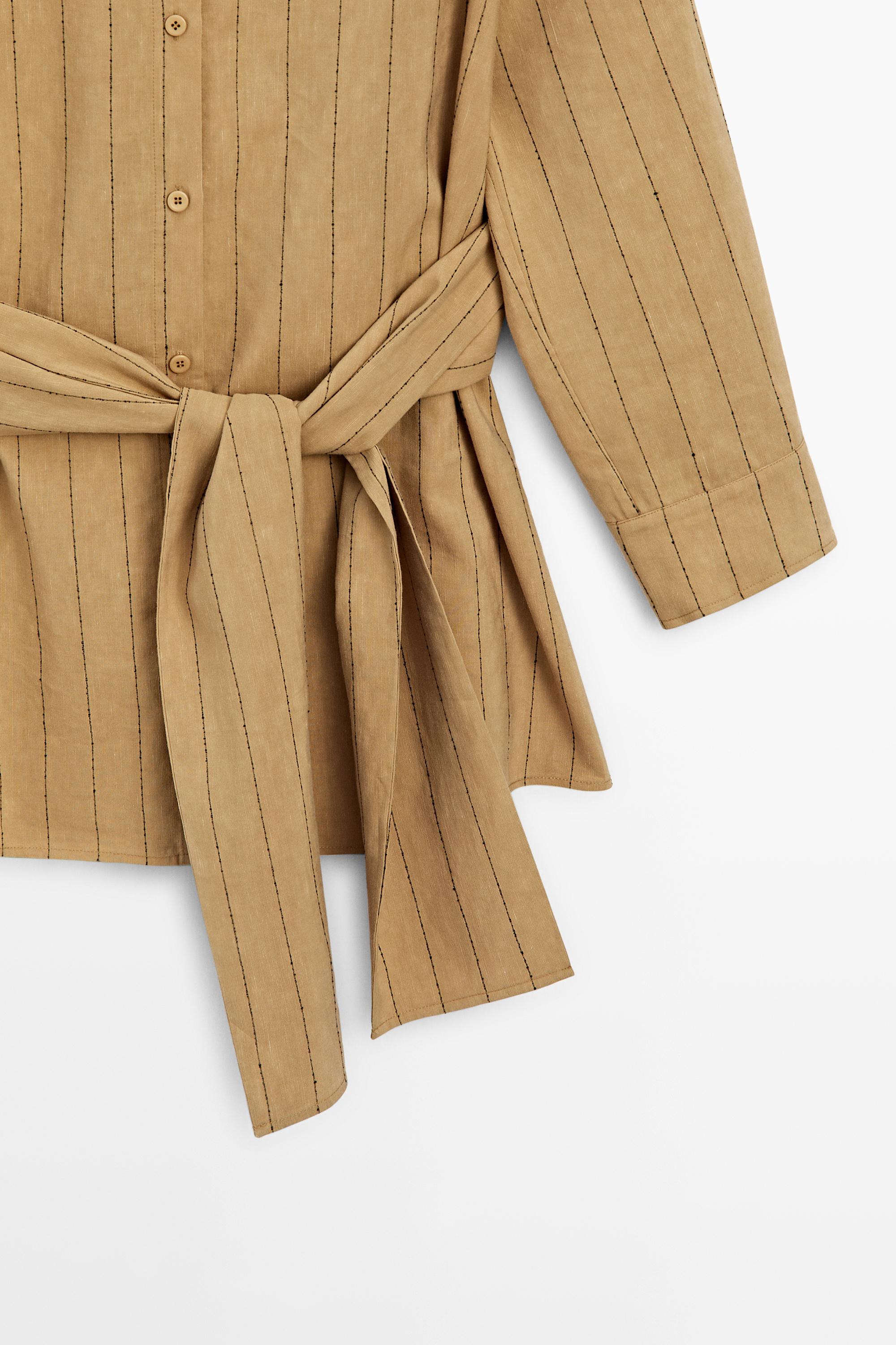 Striped flowing shirt with corset belt detail — MUSTARD YELLOW