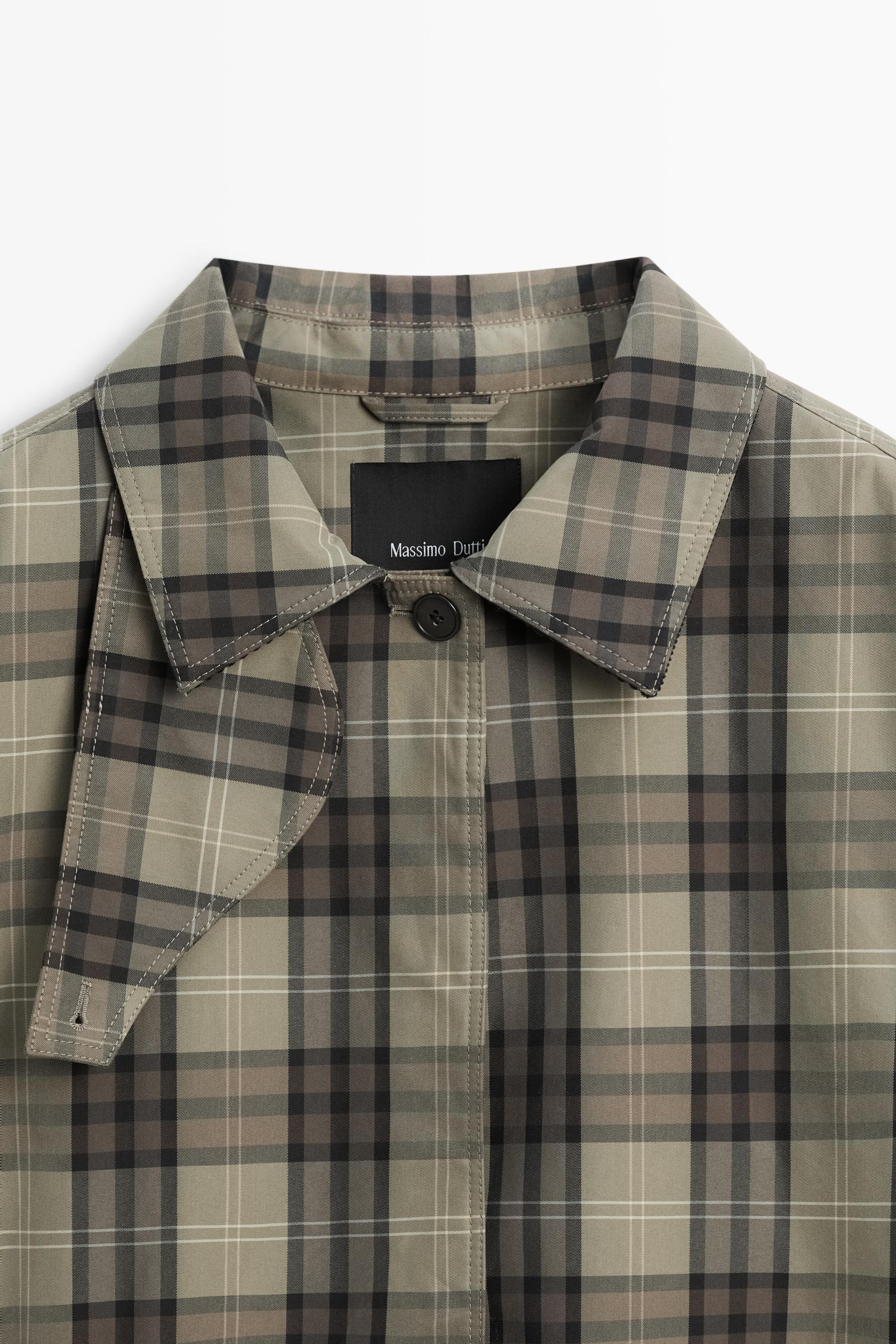 Long cotton blend plaid trench coat — Powder