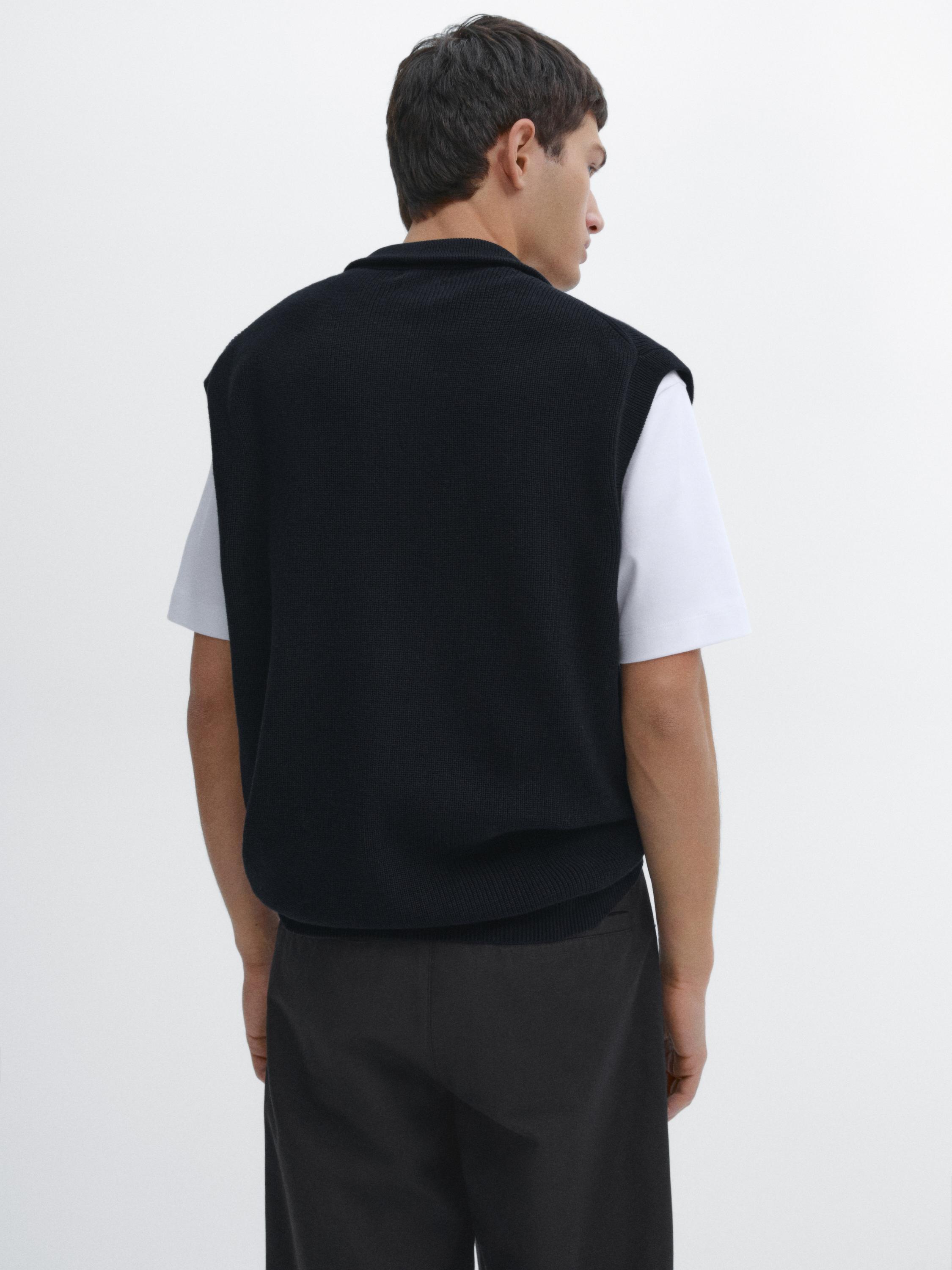 Cotton knit vest with zip · Navy Blue, Beige Marl · Sweaters