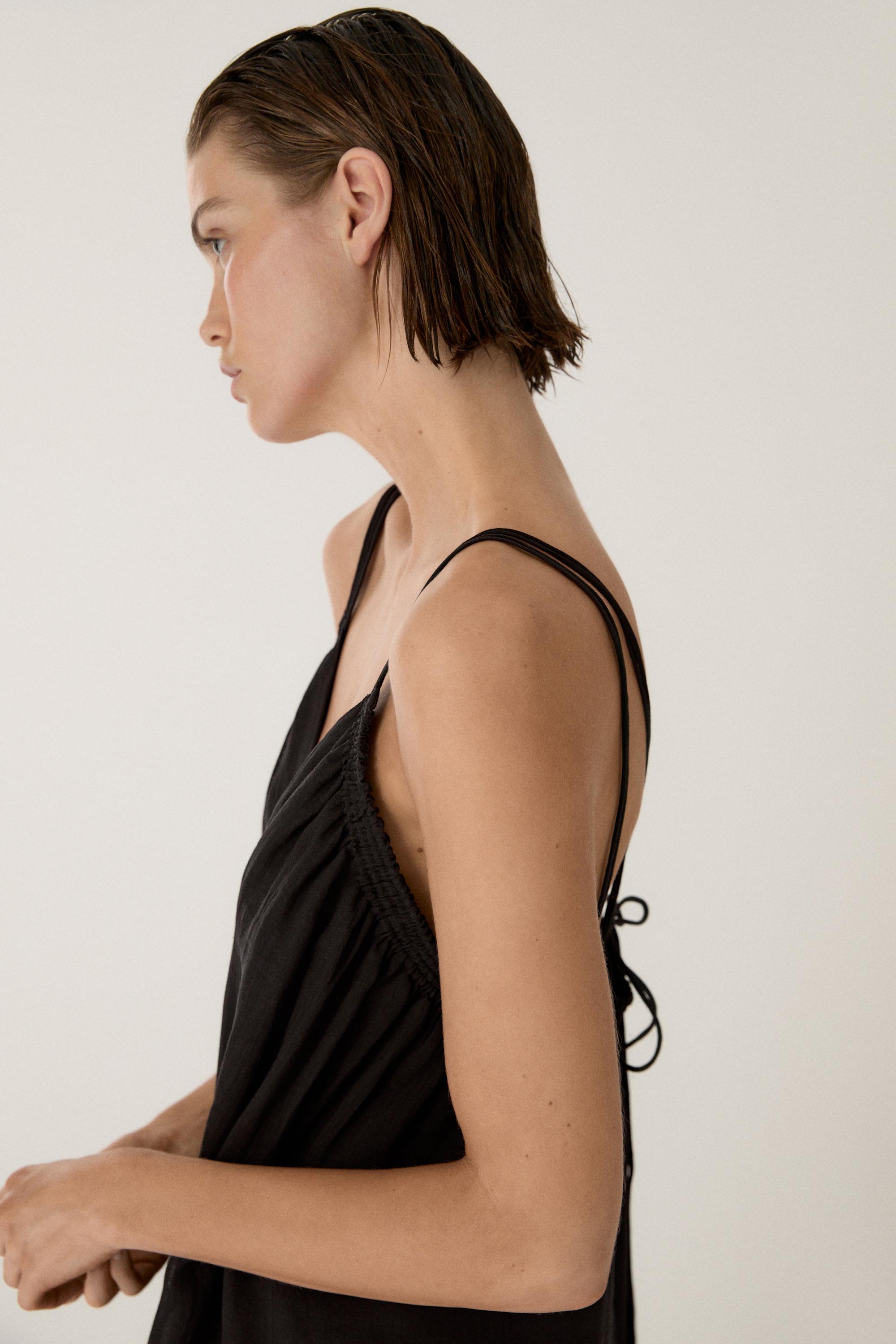 Ramie blend strappy midi dress — BLACK