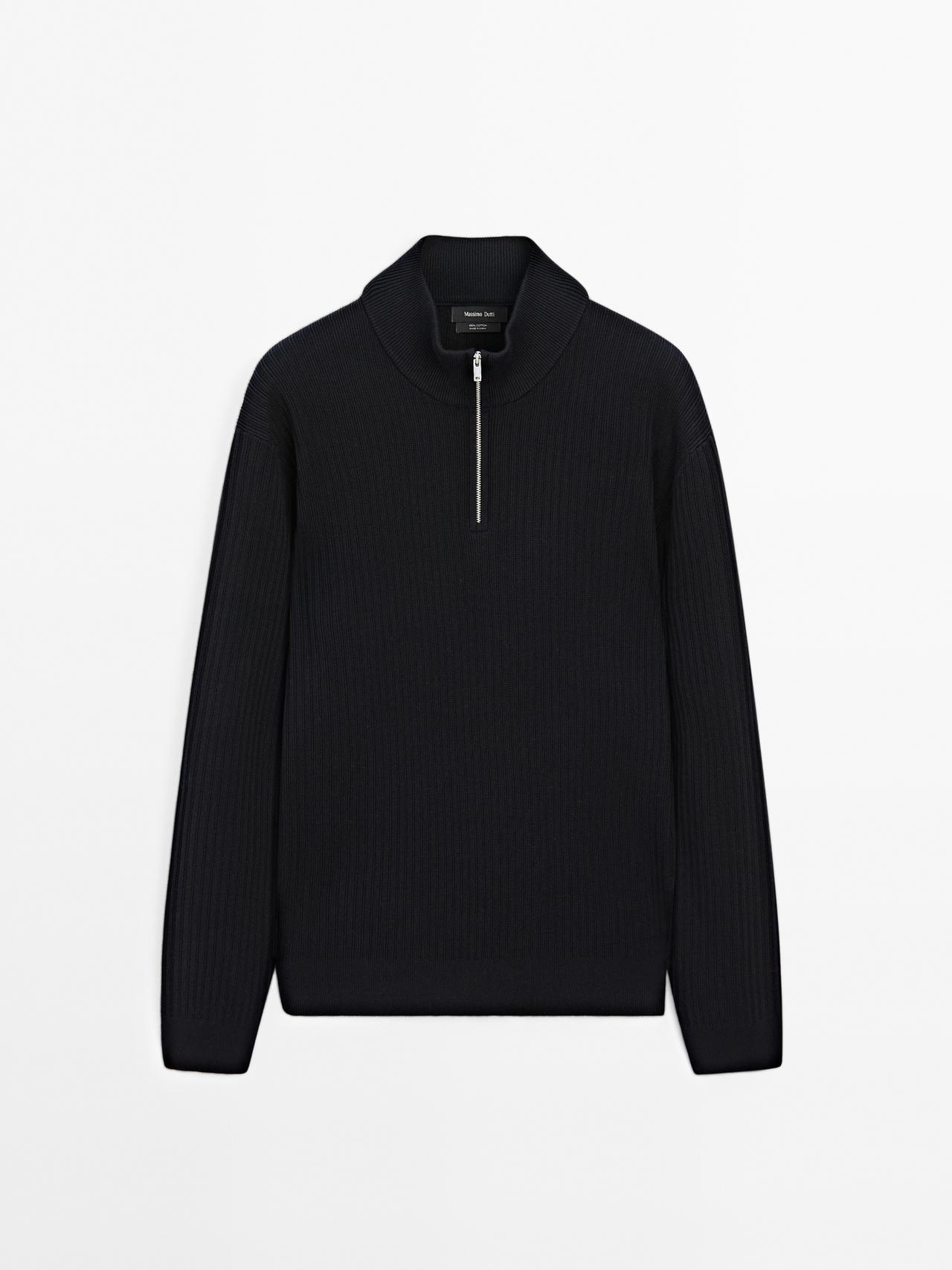 Massimo Dutti - Herre - Striktrøje Med Høj Hals - Marineblå - Xl